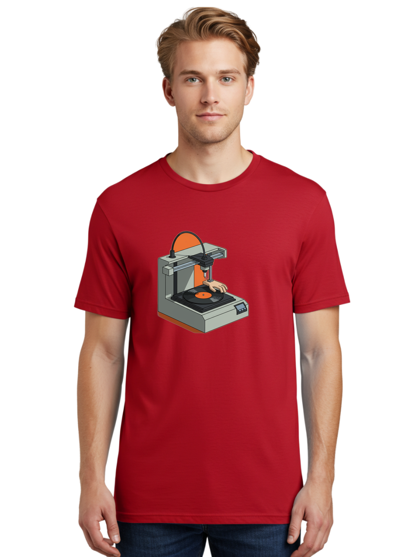 3D-Printer-Vinyl-Record Men'S Graphic Tee, 100% Cotton, Comfortable Casual Summer Wear, Machine Washable, 3D Printing Technology, Vinyl Record Production, Innovative Manufacturing, Creative Design, Futuristic Machinery, Digital Fabrication, Baa049