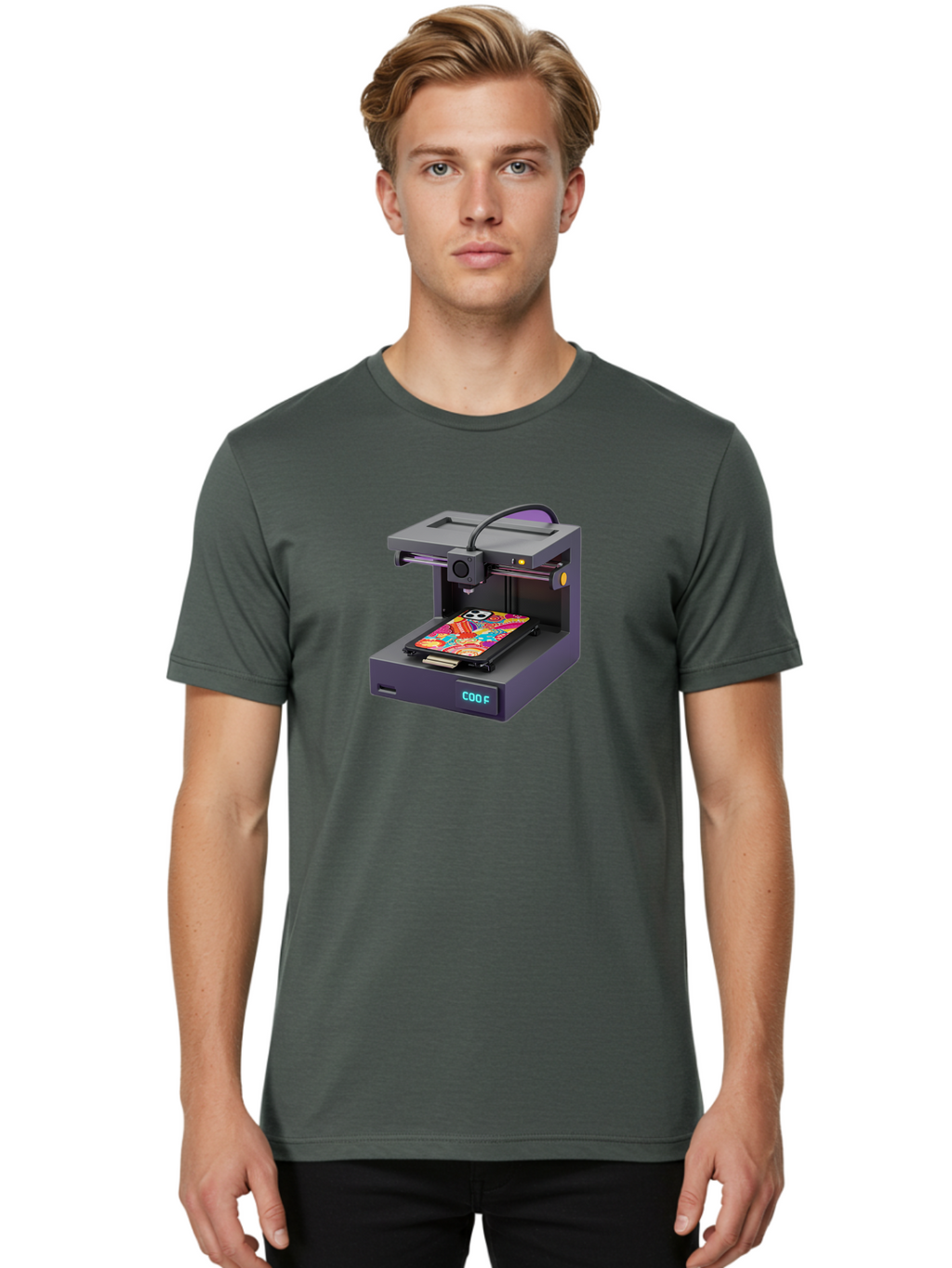 3D-Printer-With-Phone-Case Men'S Graphic Tee, 100% Cotton, Comfortable Casual Summer Wear, Machine Washable, 3D Printing Technology, Vibrant Phone Case, Colorful Design, Sugar Skull Art, Creative Printing, Modern Machinery, Baa050