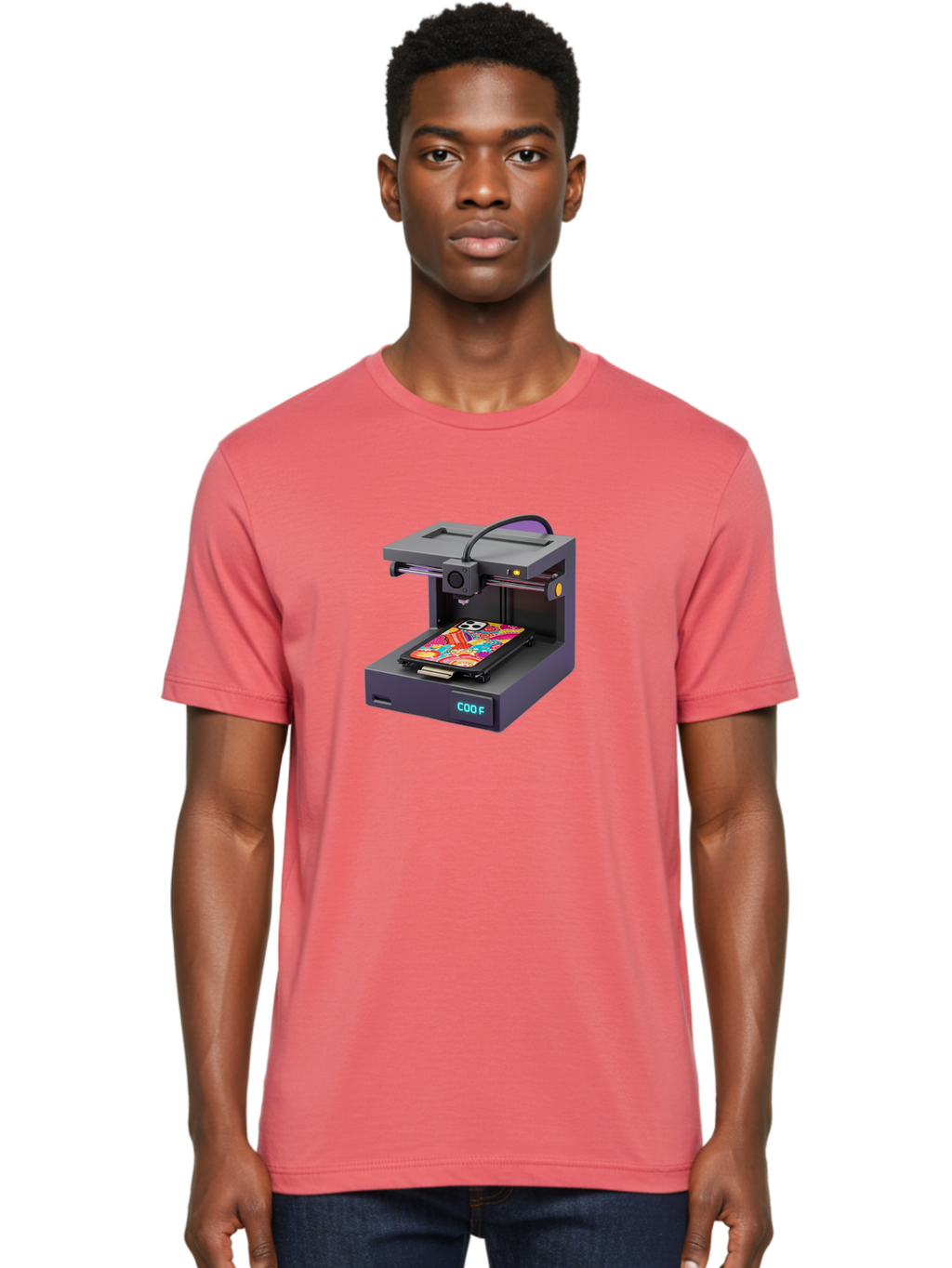 3D-Printer-With-Phone-Case Men'S Graphic Tee, 100% Cotton, Comfortable Casual Summer Wear, Machine Washable, 3D Printing Technology, Vibrant Phone Case, Colorful Design, Sugar Skull Art, Creative Printing, Modern Machinery, Baa050