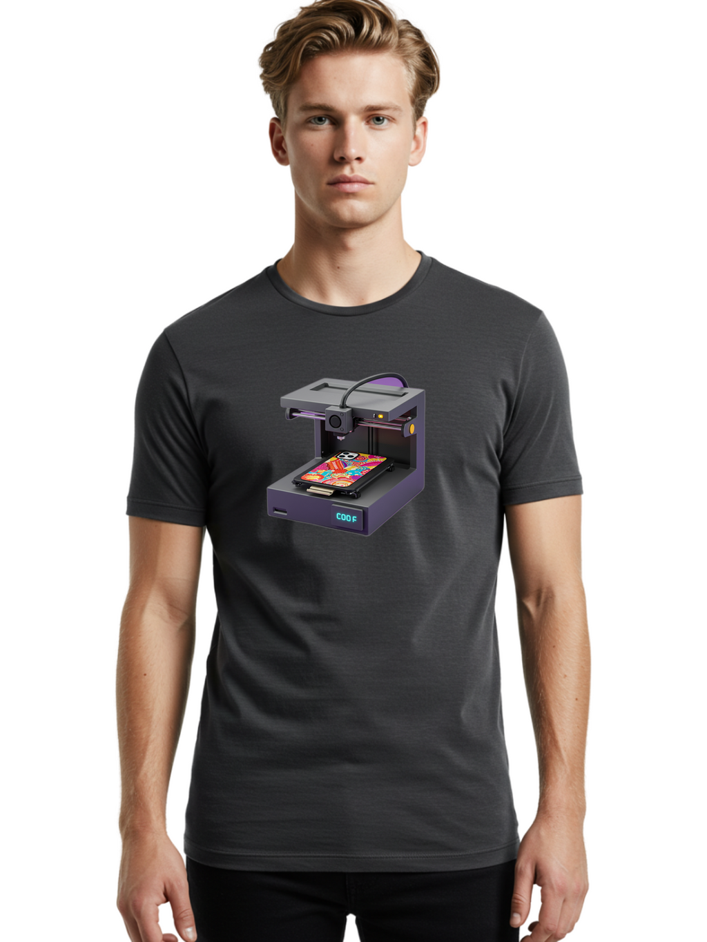 3D-Printer-With-Phone-Case Men'S Graphic Tee, 100% Cotton, Comfortable Casual Summer Wear, Machine Washable, 3D Printing Technology, Vibrant Phone Case, Colorful Design, Sugar Skull Art, Creative Printing, Modern Machinery, Baa050