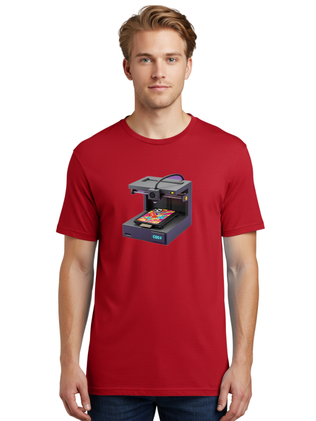 3D-Printer-With-Phone-Case Men'S Graphic Tee, 100% Cotton, Comfortable Casual Summer Wear, Machine Washable, 3D Printing Technology, Vibrant Phone Case, Colorful Design, Sugar Skull Art, Creative Printing, Modern Machinery, Baa050