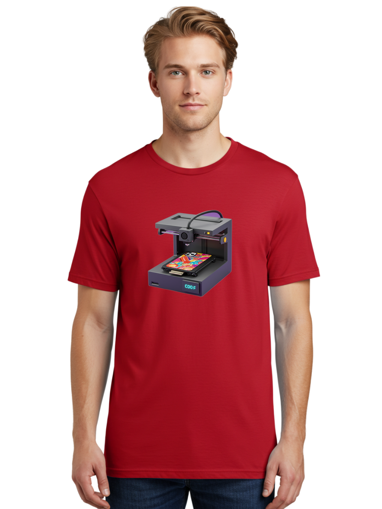 3D-Printer-With-Phone-Case Men'S Graphic Tee, 100% Cotton, Comfortable Casual Summer Wear, Machine Washable, 3D Printing Technology, Vibrant Phone Case, Colorful Design, Sugar Skull Art, Creative Printing, Modern Machinery, Baa050
