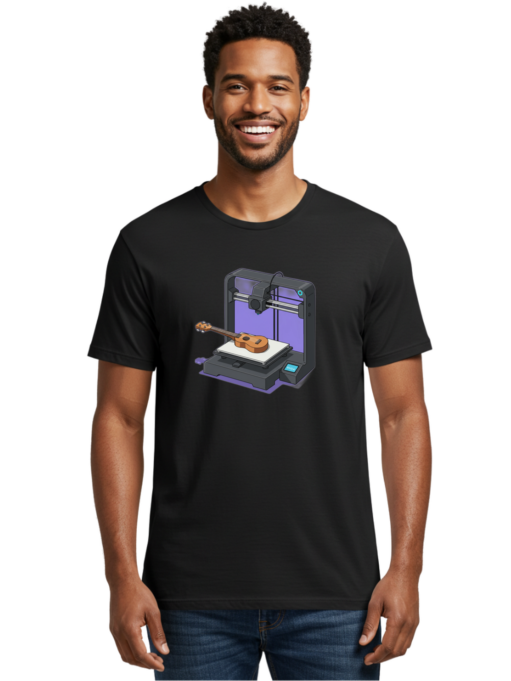 3D-Printer-With-Ukulele Men'S Graphic Tee, 100% Cotton, Comfortable Casual Summer Wear, Machine Washable, 3D Printing Technology, Ukulele Manufacturing, Customized Instruments, Innovative Design, Digital Fabrication, Musical Instruments, Baa051