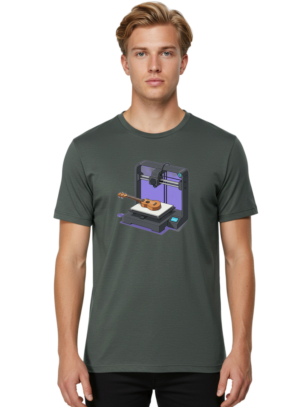 3D-Printer-With-Ukulele Men'S Graphic Tee, 100% Cotton, Comfortable Casual Summer Wear, Machine Washable, 3D Printing Technology, Ukulele Manufacturing, Customized Instruments, Innovative Design, Digital Fabrication, Musical Instruments, Baa051