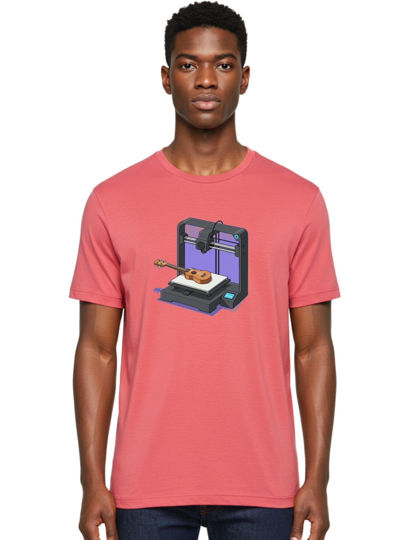3D-Printer-With-Ukulele Men'S Graphic Tee, 100% Cotton, Comfortable Casual Summer Wear, Machine Washable, 3D Printing Technology, Ukulele Manufacturing, Customized Instruments, Innovative Design, Digital Fabrication, Musical Instruments, Baa051