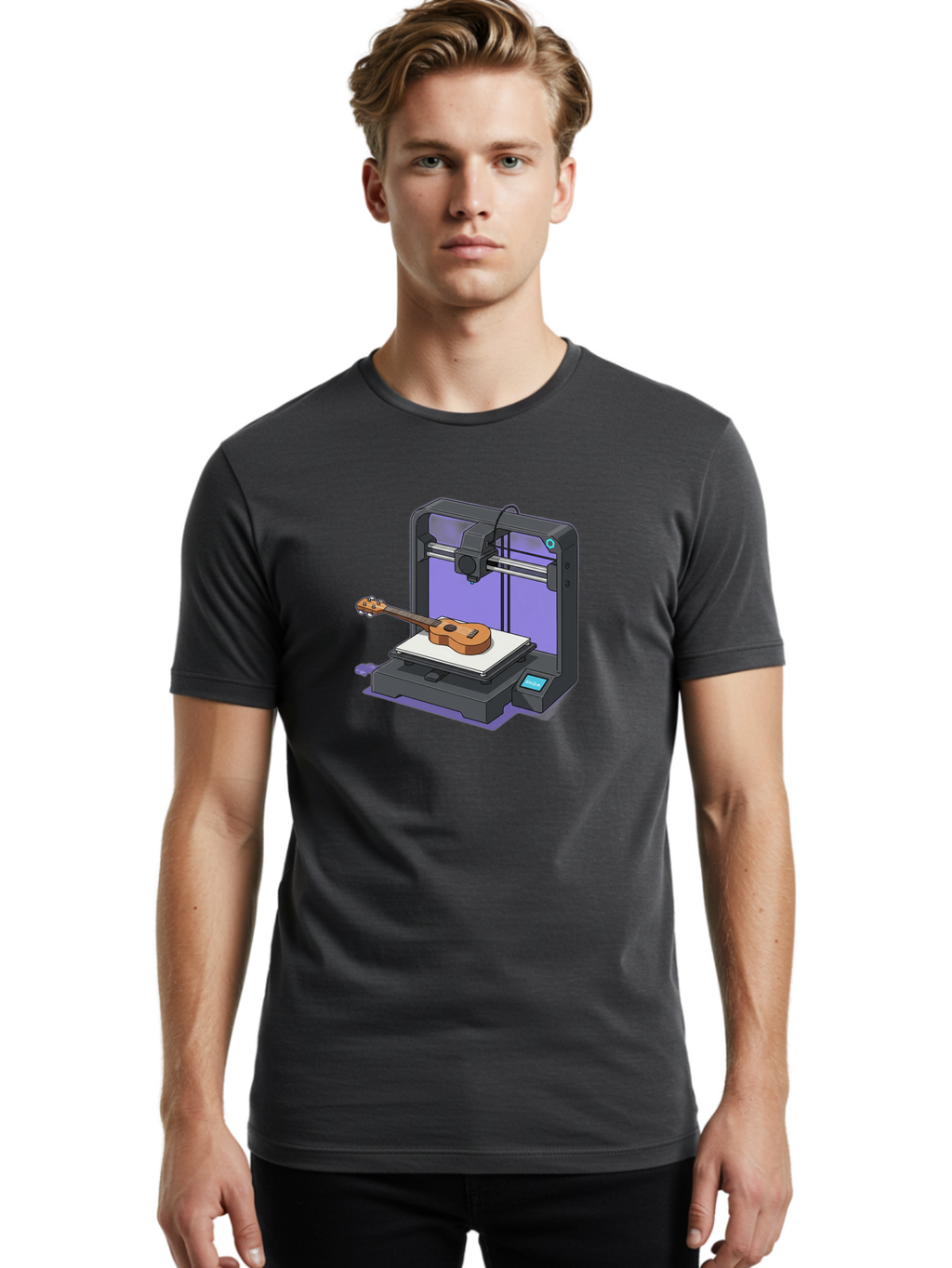3D-Printer-With-Ukulele Men'S Graphic Tee, 100% Cotton, Comfortable Casual Summer Wear, Machine Washable, 3D Printing Technology, Ukulele Manufacturing, Customized Instruments, Innovative Design, Digital Fabrication, Musical Instruments, Baa051