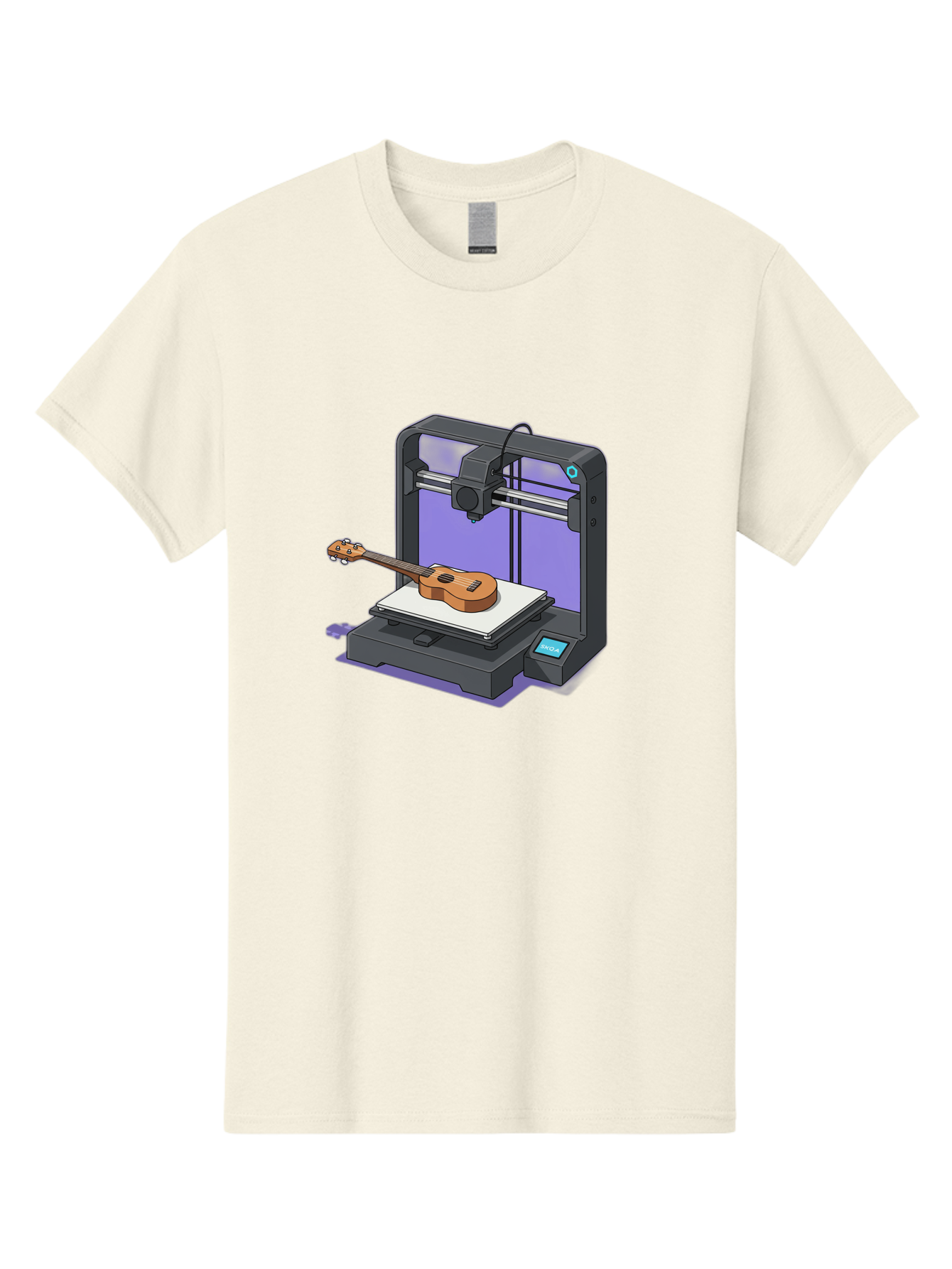 3D-Printer-With-Ukulele Men'S Graphic Tee, 100% Cotton, Comfortable Casual Summer Wear, Machine Washable, 3D Printing Technology, Ukulele Manufacturing, Customized Instruments, Innovative Design, Digital Fabrication, Musical Instruments, Baa051
