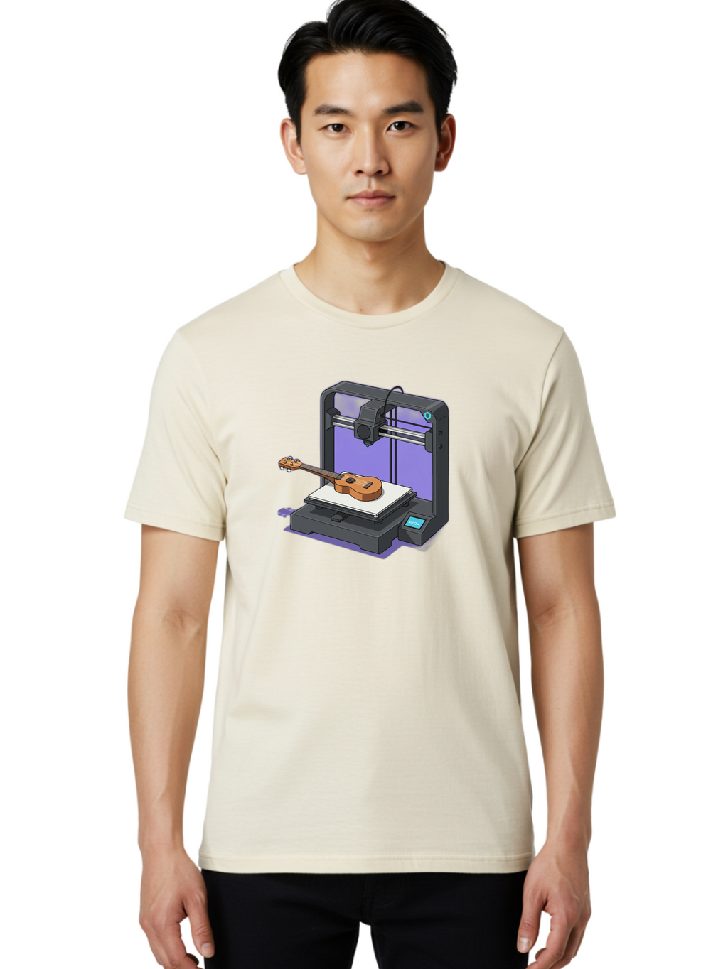 3D-Printer-With-Ukulele Men'S Graphic Tee, 100% Cotton, Comfortable Casual Summer Wear, Machine Washable, 3D Printing Technology, Ukulele Manufacturing, Customized Instruments, Innovative Design, Digital Fabrication, Musical Instruments, Baa051