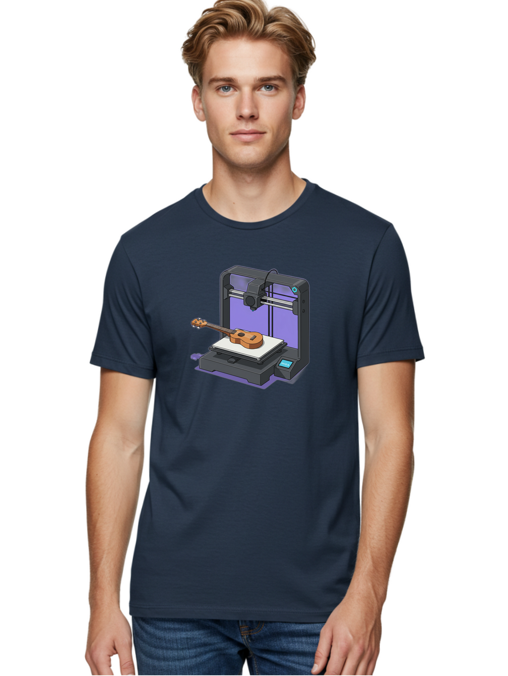 3D-Printer-With-Ukulele Men'S Graphic Tee, 100% Cotton, Comfortable Casual Summer Wear, Machine Washable, 3D Printing Technology, Ukulele Manufacturing, Customized Instruments, Innovative Design, Digital Fabrication, Musical Instruments, Baa051