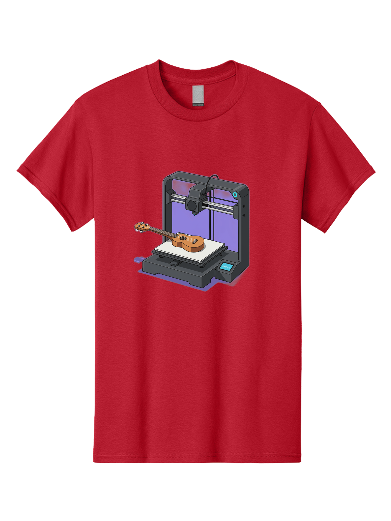 3D-Printer-With-Ukulele Men'S Graphic Tee, 100% Cotton, Comfortable Casual Summer Wear, Machine Washable, 3D Printing Technology, Ukulele Manufacturing, Customized Instruments, Innovative Design, Digital Fabrication, Musical Instruments, Baa051