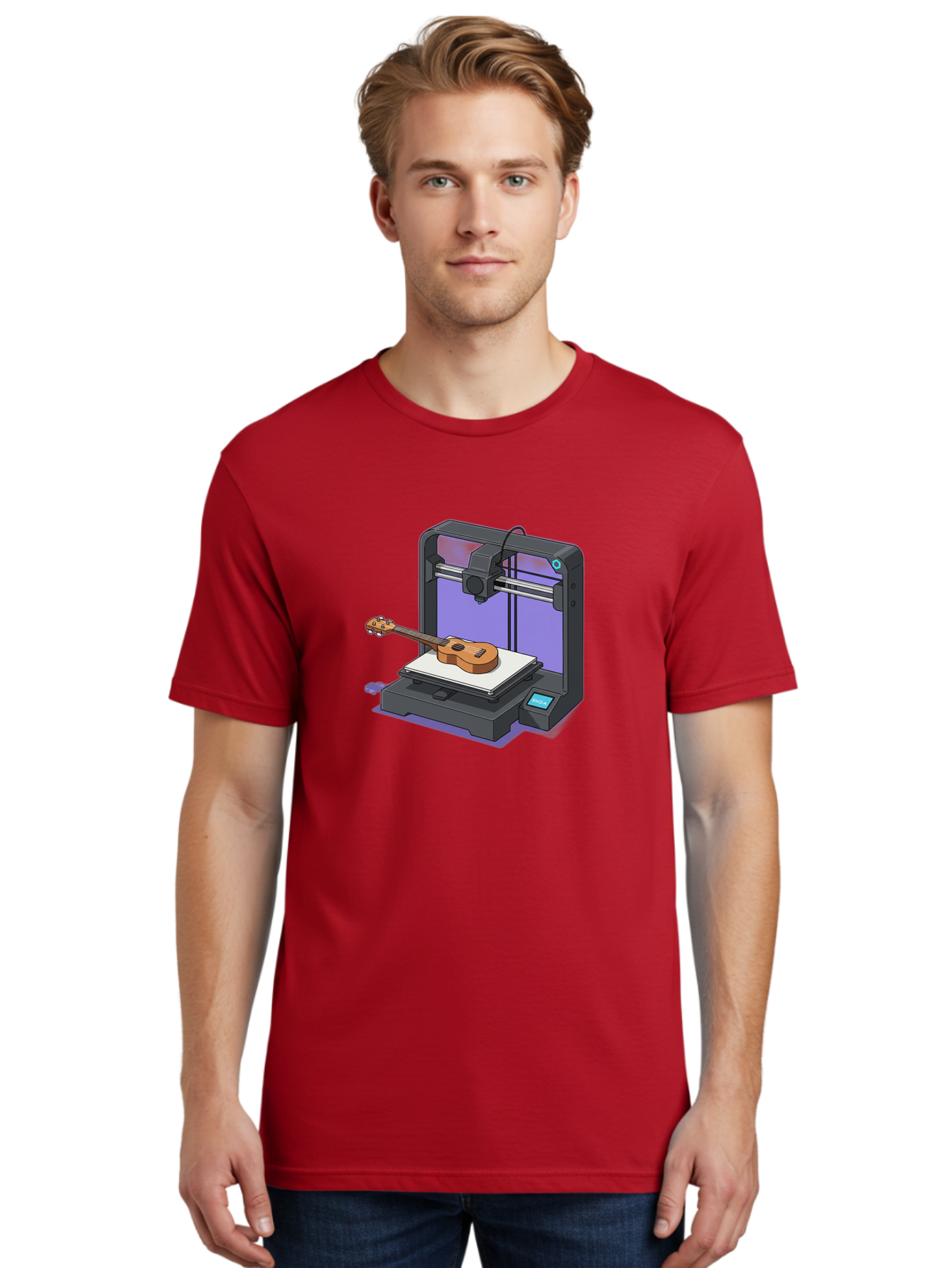 3D-Printer-With-Ukulele Men'S Graphic Tee, 100% Cotton, Comfortable Casual Summer Wear, Machine Washable, 3D Printing Technology, Ukulele Manufacturing, Customized Instruments, Innovative Design, Digital Fabrication, Musical Instruments, Baa051