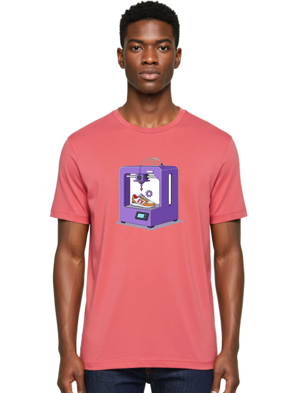 3D-Printing-Sneaker Men'S Graphic Tee, 100% Cotton, Comfortable Casual Summer Wear, Machine Washable, 3D Printing Technology, Futuristic Design, Customizable Shoes, Modern Manufacturing, Additive Manufacturing, Orange And White Sneakers, Baa053