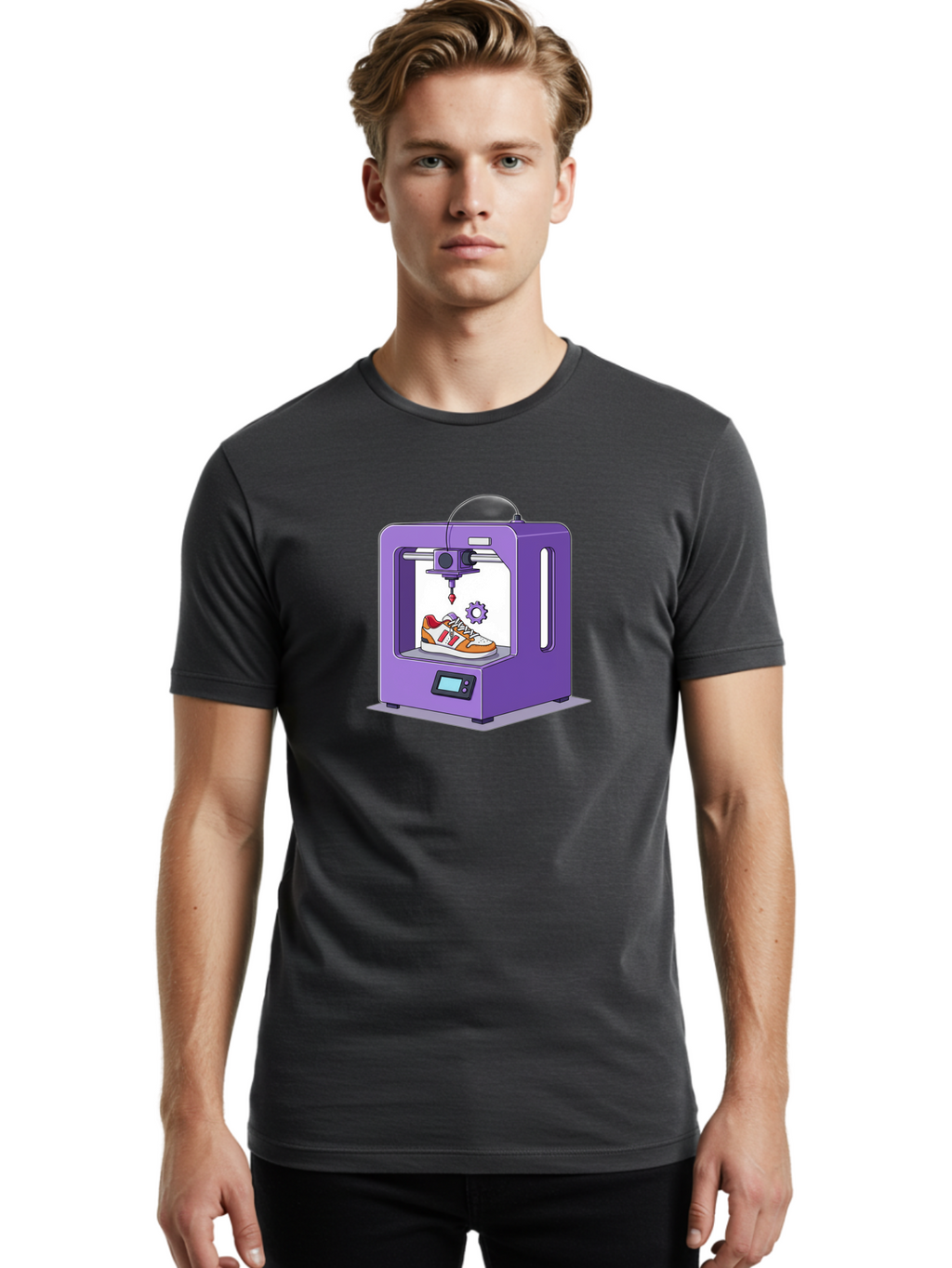 3D-Printing-Sneaker Men'S Graphic Tee, 100% Cotton, Comfortable Casual Summer Wear, Machine Washable, 3D Printing Technology, Futuristic Design, Customizable Shoes, Modern Manufacturing, Additive Manufacturing, Orange And White Sneakers, Baa053