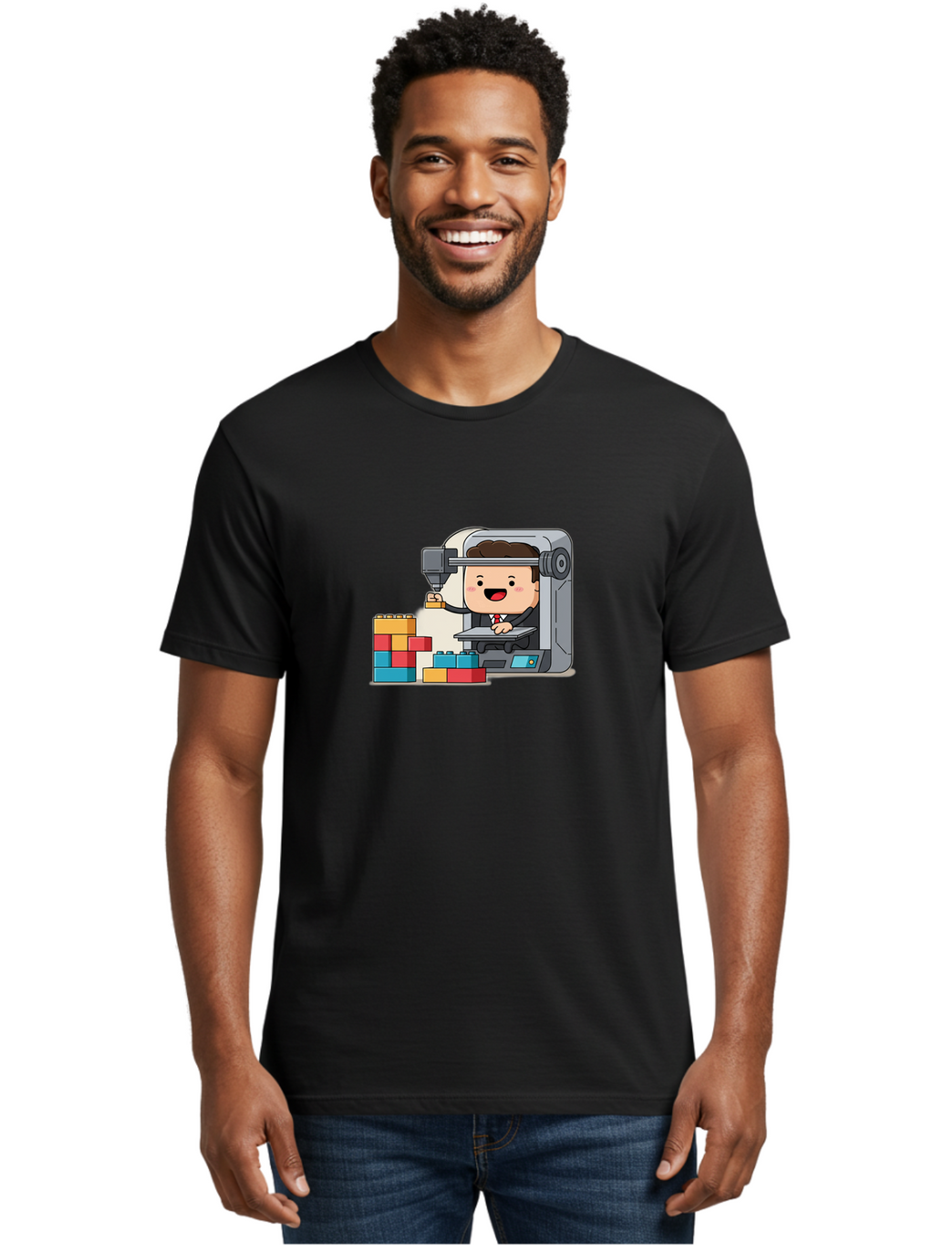 3D-Printing Men'S Graphic Tee, 100% Cotton, Comfortable Casual Summer Wear, Machine Washable, 3D Printing Technology, Additive Manufacturing, Businessman Operating Printer, Colorful Blocks, Construction, Innovation, Rapid Prototyping, Baa054