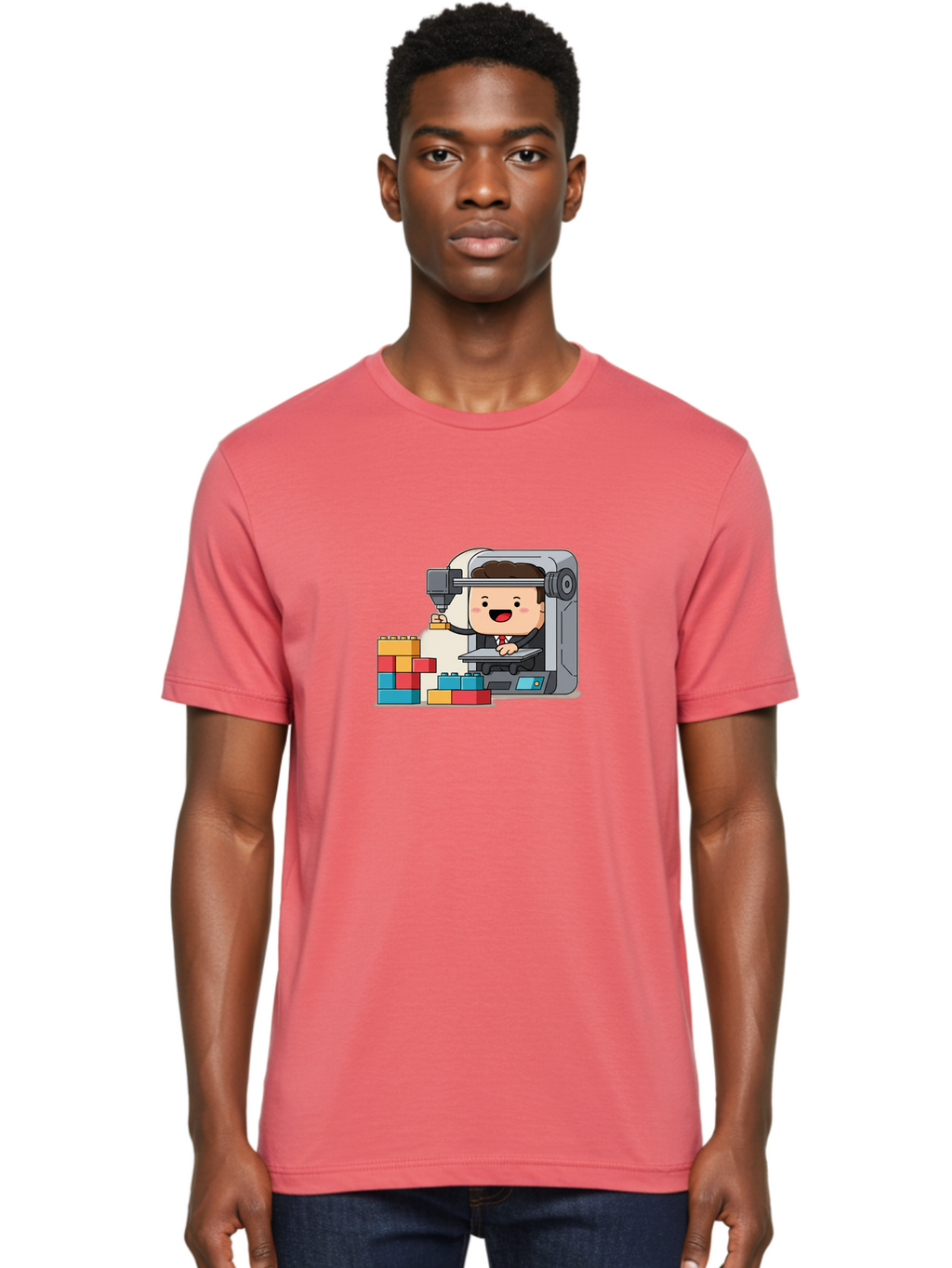 3D-Printing Men'S Graphic Tee, 100% Cotton, Comfortable Casual Summer Wear, Machine Washable, 3D Printing Technology, Additive Manufacturing, Businessman Operating Printer, Colorful Blocks, Construction, Innovation, Rapid Prototyping, Baa054