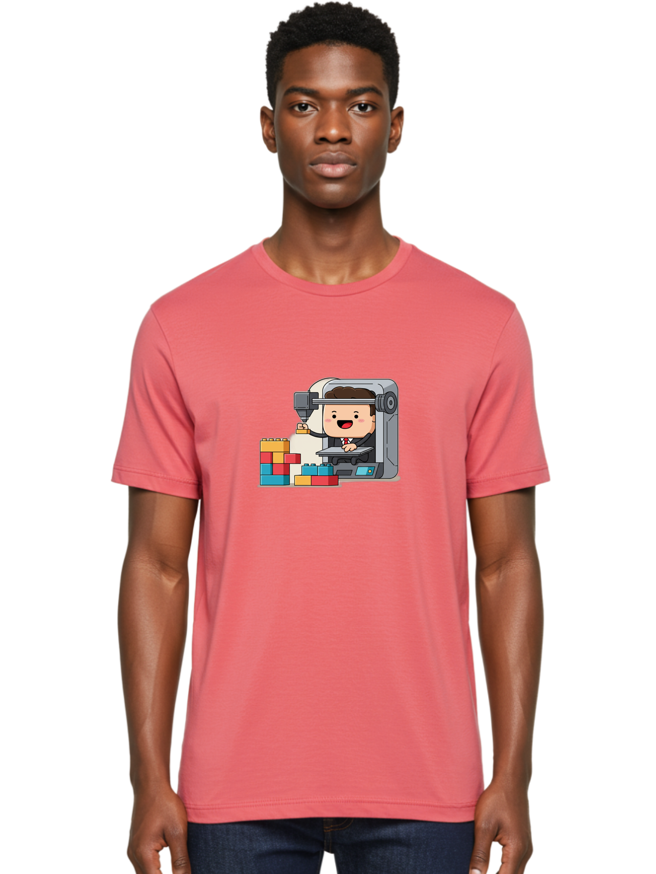 3D-Printing Men'S Graphic Tee, 100% Cotton, Comfortable Casual Summer Wear, Machine Washable, 3D Printing Technology, Additive Manufacturing, Businessman Operating Printer, Colorful Blocks, Construction, Innovation, Rapid Prototyping, Baa054