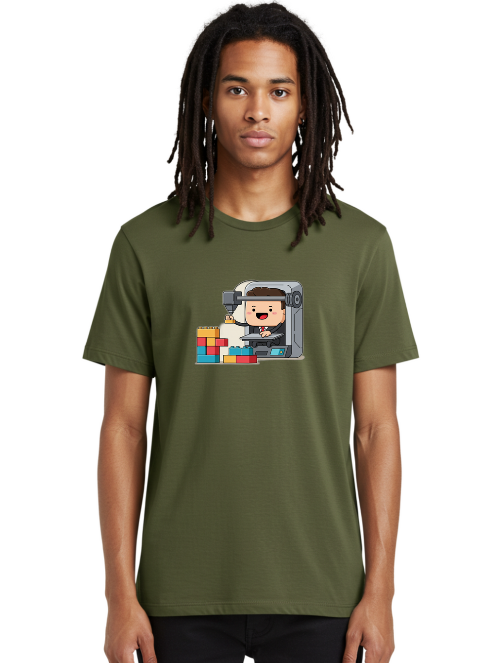 3D-Printing Men'S Graphic Tee, 100% Cotton, Comfortable Casual Summer Wear, Machine Washable, 3D Printing Technology, Additive Manufacturing, Businessman Operating Printer, Colorful Blocks, Construction, Innovation, Rapid Prototyping, Baa054