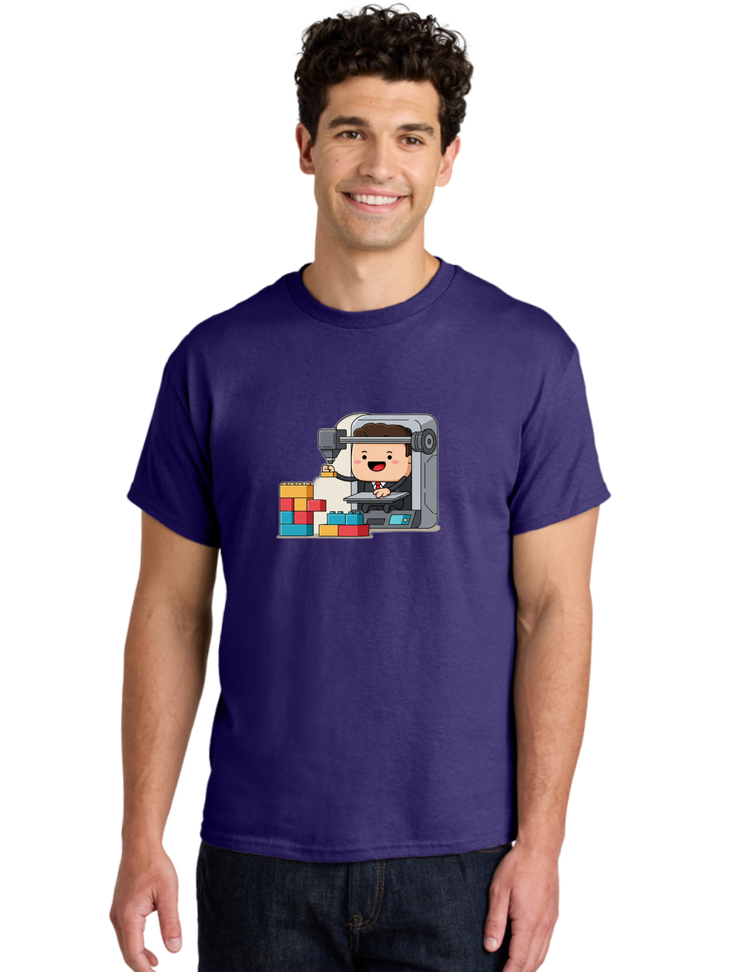 3D-Printing Men'S Graphic Tee, 100% Cotton, Comfortable Casual Summer Wear, Machine Washable, 3D Printing Technology, Additive Manufacturing, Businessman Operating Printer, Colorful Blocks, Construction, Innovation, Rapid Prototyping, Baa054