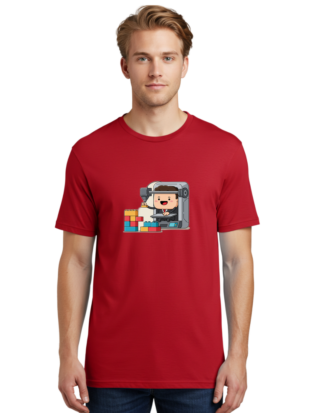 3D-Printing Men'S Graphic Tee, 100% Cotton, Comfortable Casual Summer Wear, Machine Washable, 3D Printing Technology, Additive Manufacturing, Businessman Operating Printer, Colorful Blocks, Construction, Innovation, Rapid Prototyping, Baa054