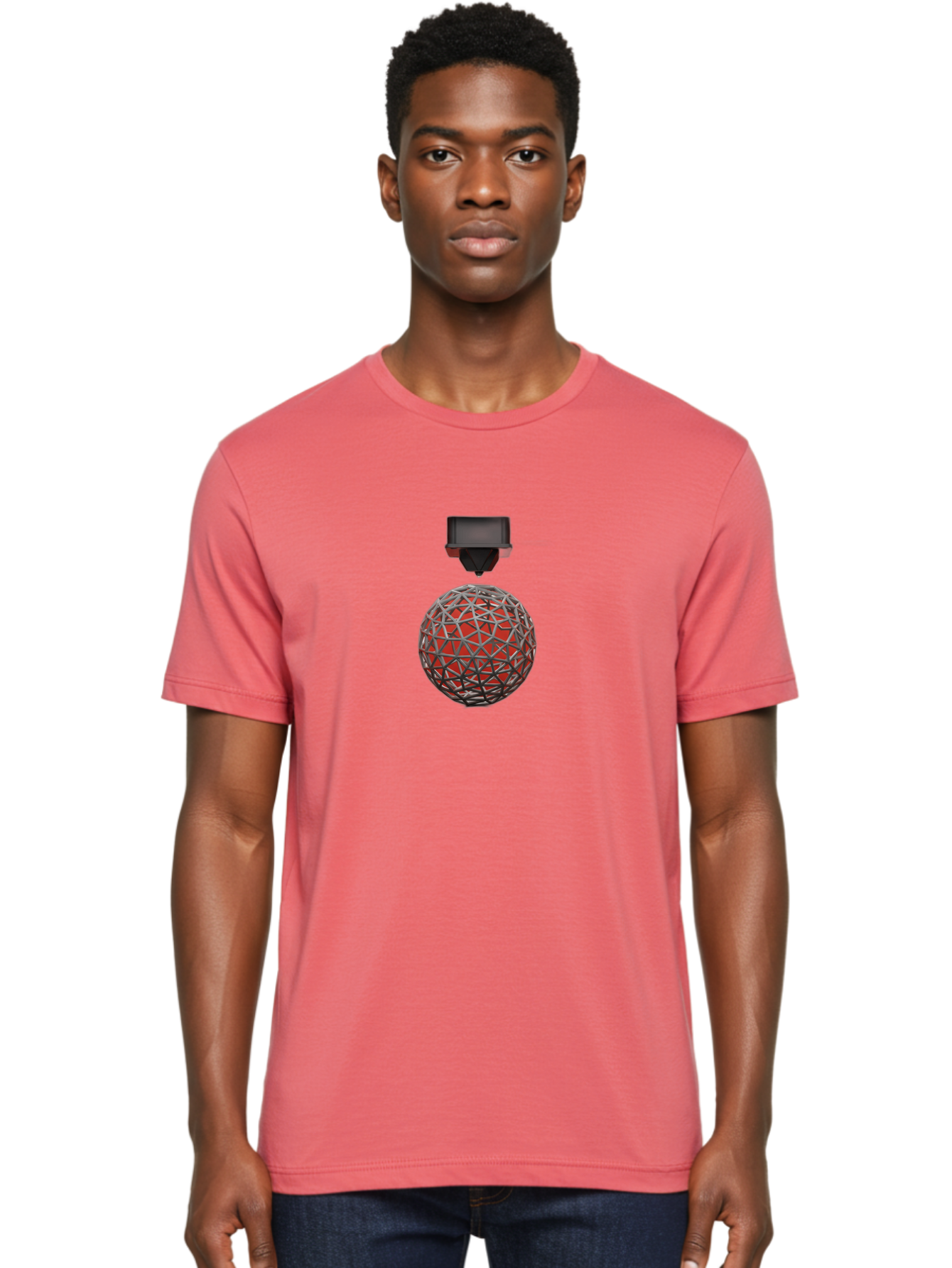 3D-Scanner Men'S Graphic Tee, 100% Cotton, Comfortable Casual Summer Wear, Machine Washable, 3D Scanning Technology, Digital Rendering, Geometric Shapes, Red Sphere, Metallic Framework, Futuristic Design, Precision Engineering, Baa055