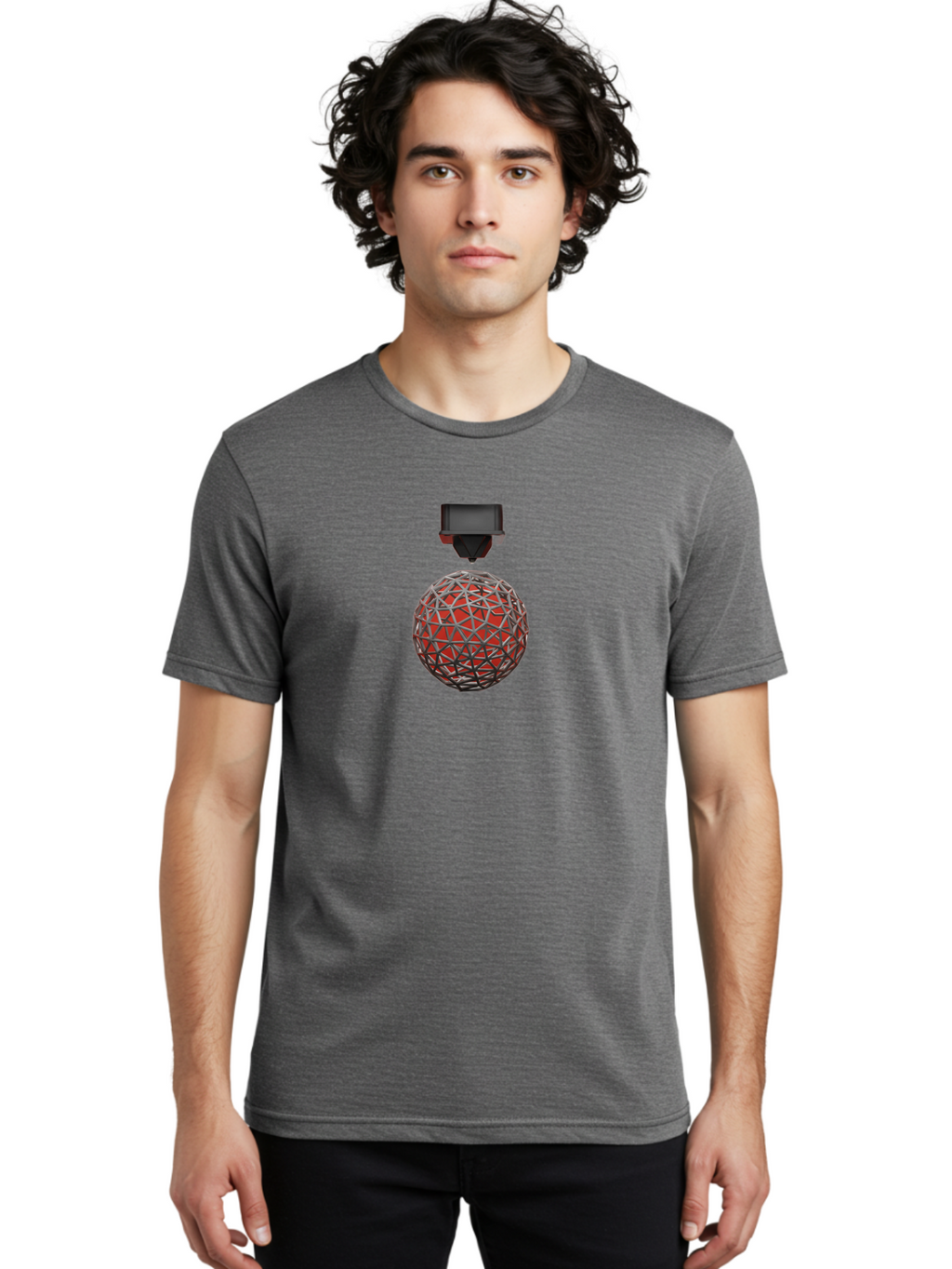 3D-Scanner Men'S Graphic Tee, 100% Cotton, Comfortable Casual Summer Wear, Machine Washable, 3D Scanning Technology, Digital Rendering, Geometric Shapes, Red Sphere, Metallic Framework, Futuristic Design, Precision Engineering, Baa055
