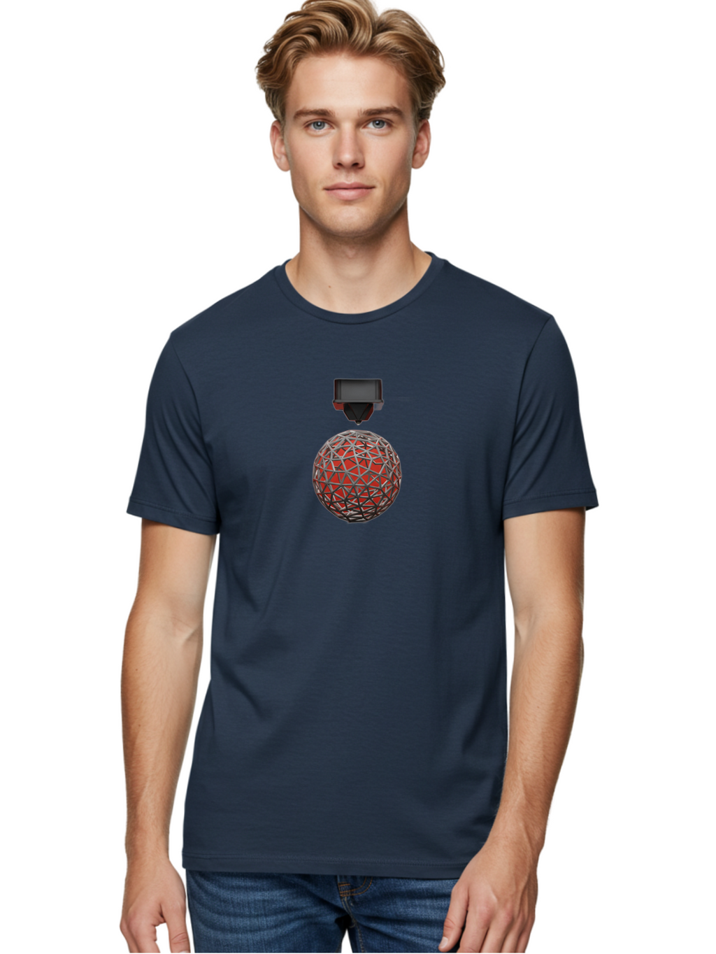 3D-Scanner Men'S Graphic Tee, 100% Cotton, Comfortable Casual Summer Wear, Machine Washable, 3D Scanning Technology, Digital Rendering, Geometric Shapes, Red Sphere, Metallic Framework, Futuristic Design, Precision Engineering, Baa055
