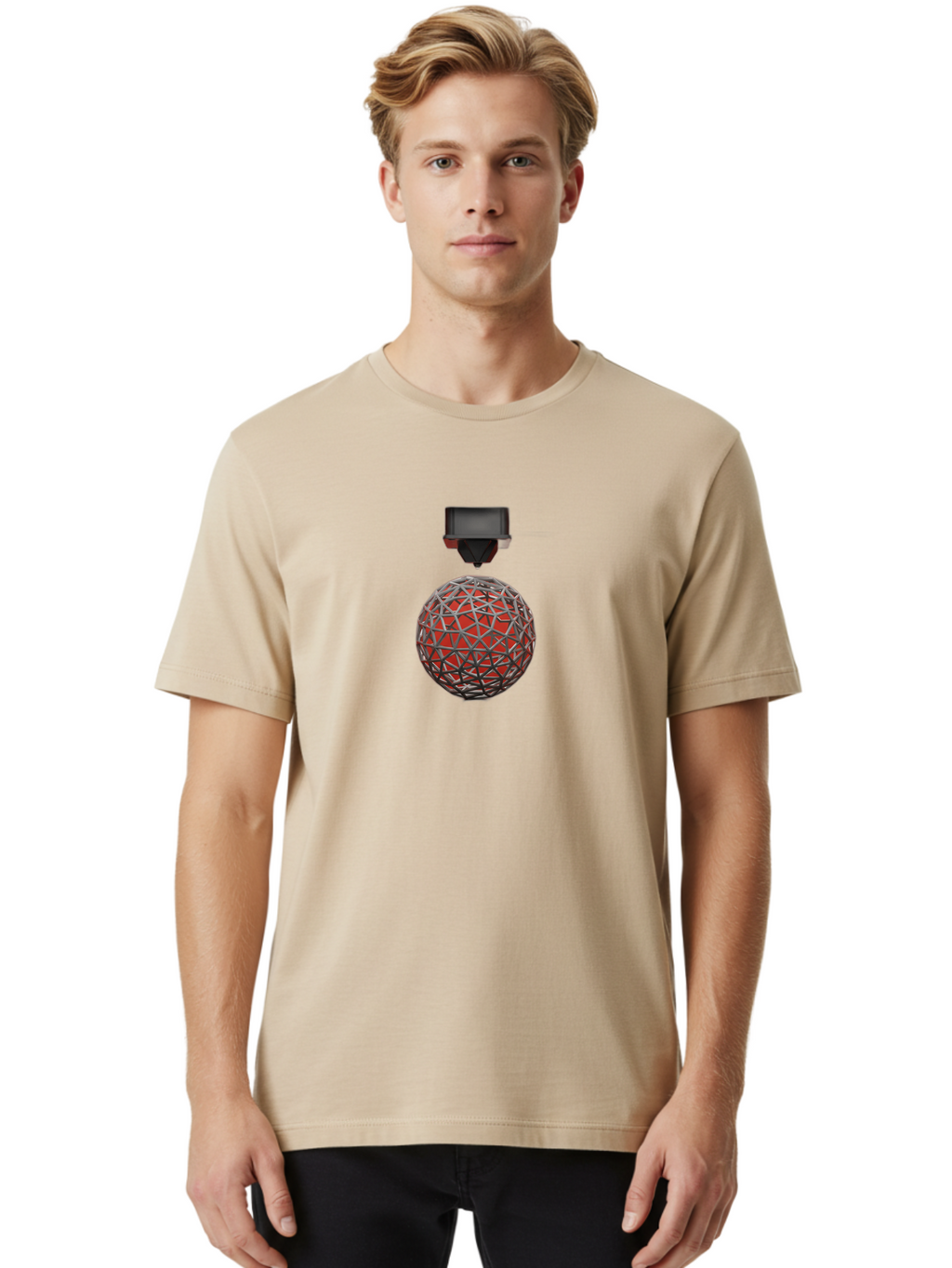 3D-Scanner Men'S Graphic Tee, 100% Cotton, Comfortable Casual Summer Wear, Machine Washable, 3D Scanning Technology, Digital Rendering, Geometric Shapes, Red Sphere, Metallic Framework, Futuristic Design, Precision Engineering, Baa055