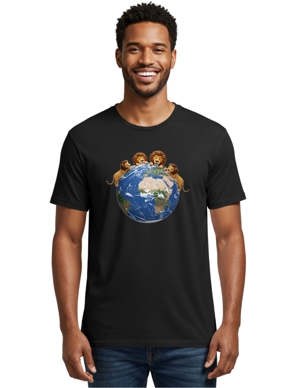 4-Lions-Holding-Globe Men'S Graphic Tee, 100% Cotton, Comfortable Casual Summer Wear, Machine Washable, Lions Holding The World, Global Unity, Conservation Efforts, Wildlife Protection, Earth, Lions Together, Global Awareness Baa056