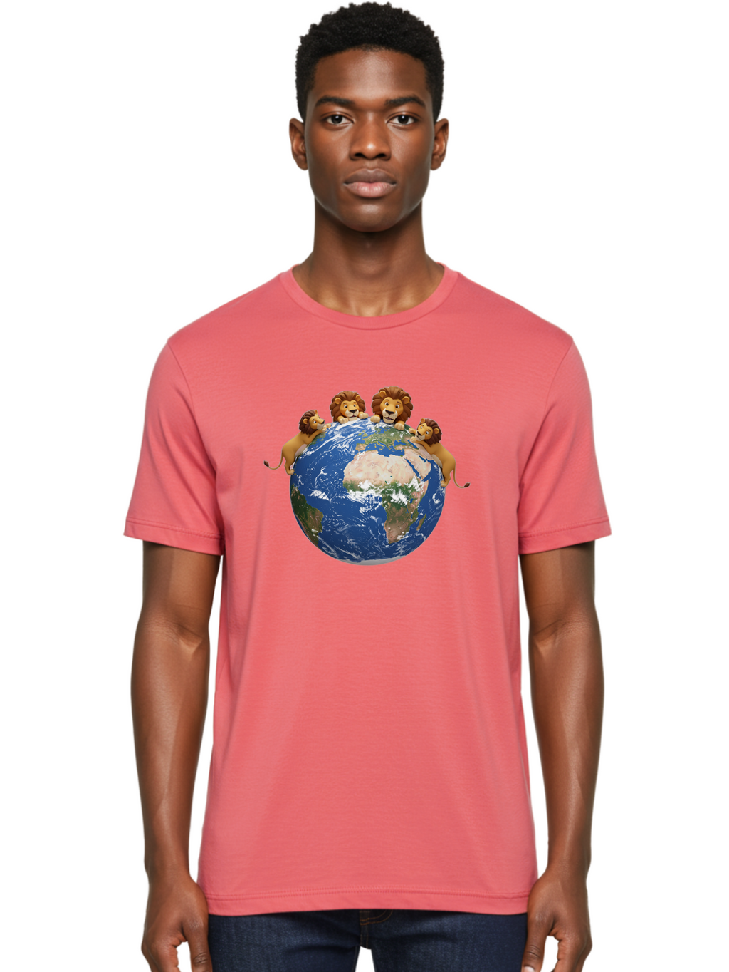 4-Lions-Holding-Globe Men'S Graphic Tee, 100% Cotton, Comfortable Casual Summer Wear, Machine Washable, Lions Holding The World, Global Unity, Conservation Efforts, Wildlife Protection, Earth, Lions Together, Global Awareness Baa056