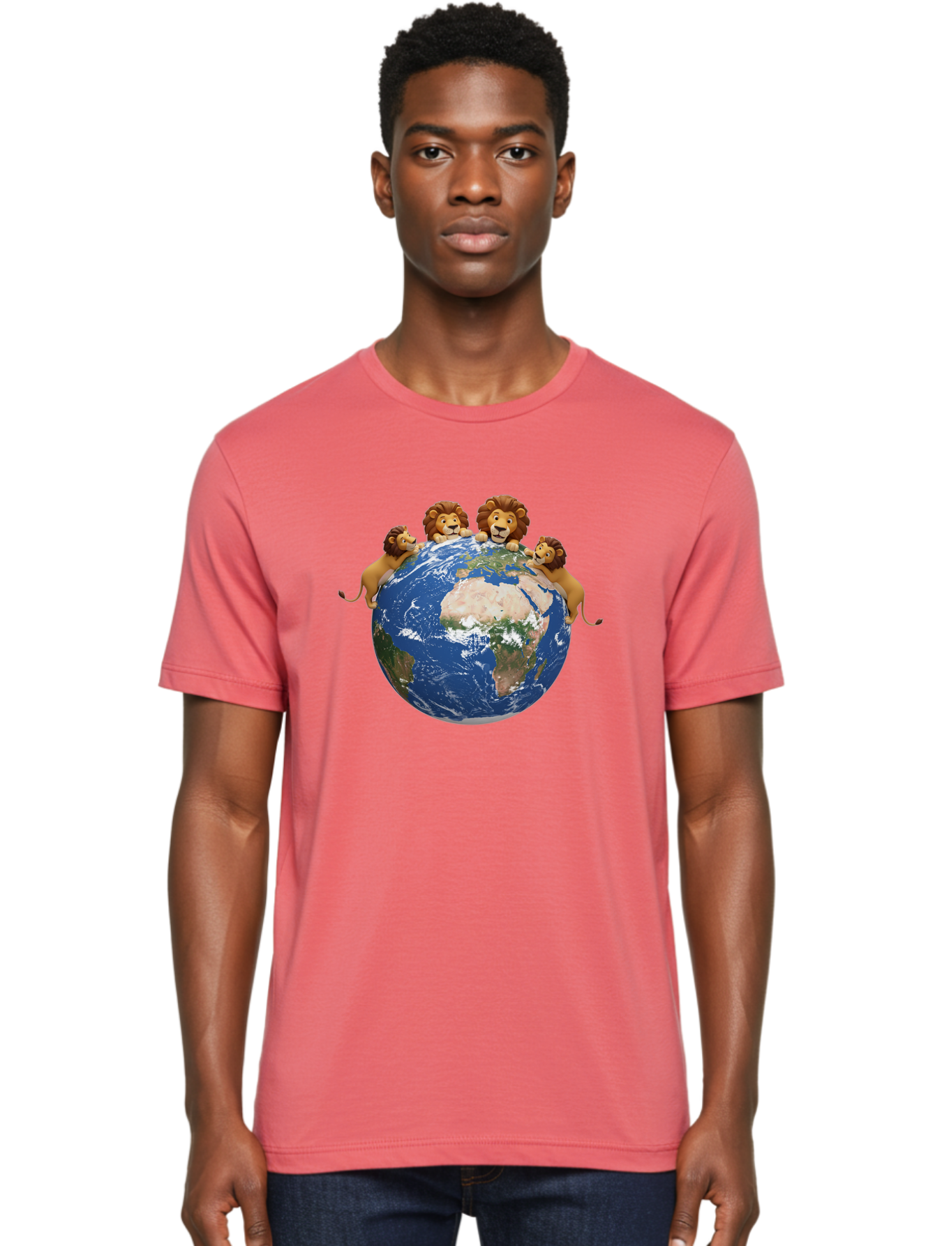 4-Lions-Holding-Globe Men'S Graphic Tee, 100% Cotton, Comfortable Casual Summer Wear, Machine Washable, Lions Holding The World, Global Unity, Conservation Efforts, Wildlife Protection, Earth, Lions Together, Global Awareness Baa056