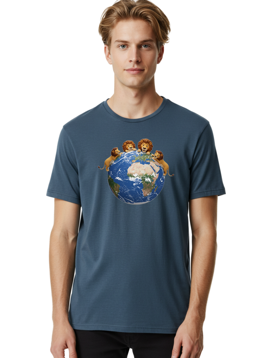 4-Lions-Holding-Globe Men'S Graphic Tee, 100% Cotton, Comfortable Casual Summer Wear, Machine Washable, Lions Holding The World, Global Unity, Conservation Efforts, Wildlife Protection, Earth, Lions Together, Global Awareness Baa056