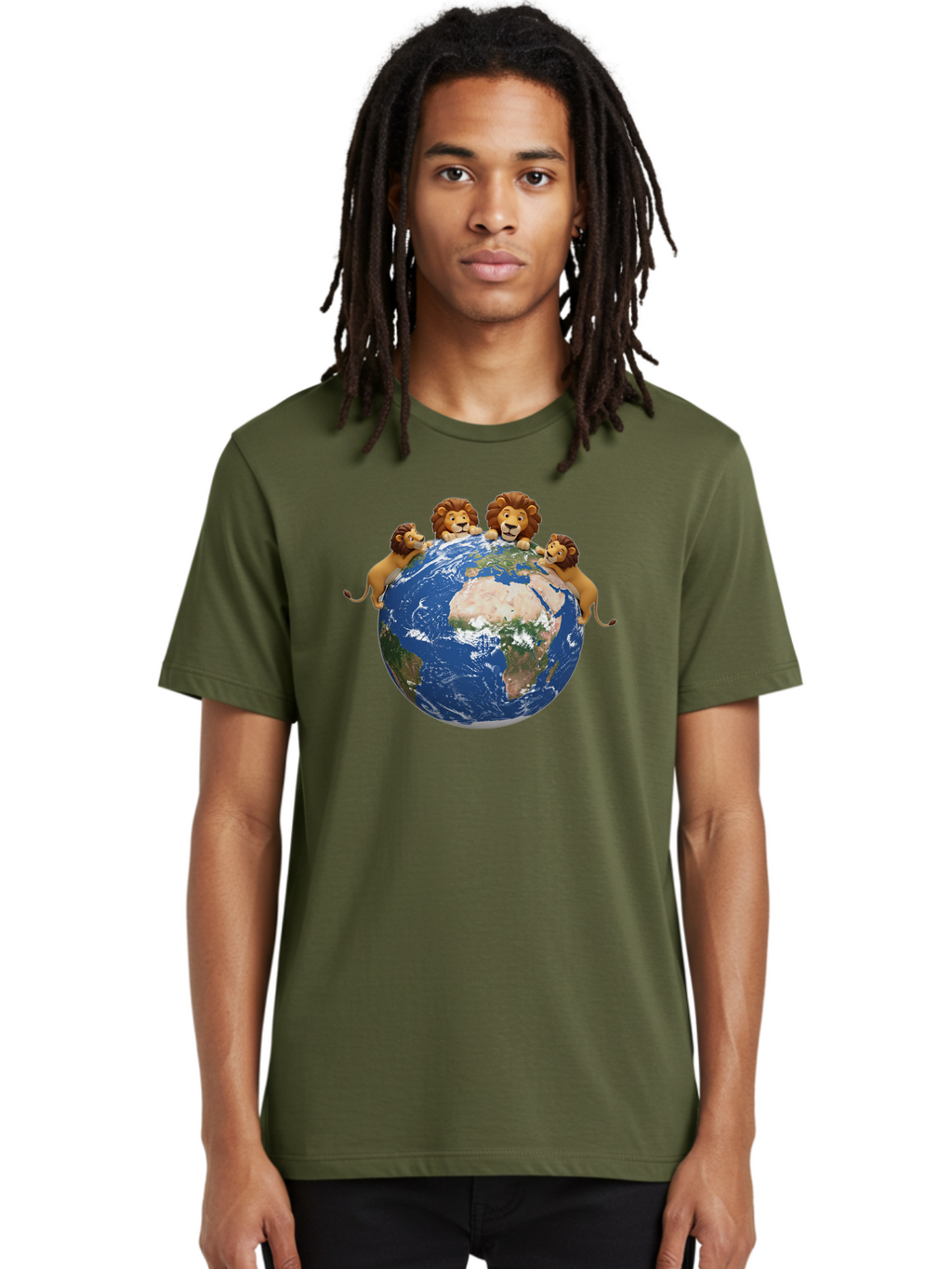 4-Lions-Holding-Globe Men'S Graphic Tee, 100% Cotton, Comfortable Casual Summer Wear, Machine Washable, Lions Holding The World, Global Unity, Conservation Efforts, Wildlife Protection, Earth, Lions Together, Global Awareness Baa056