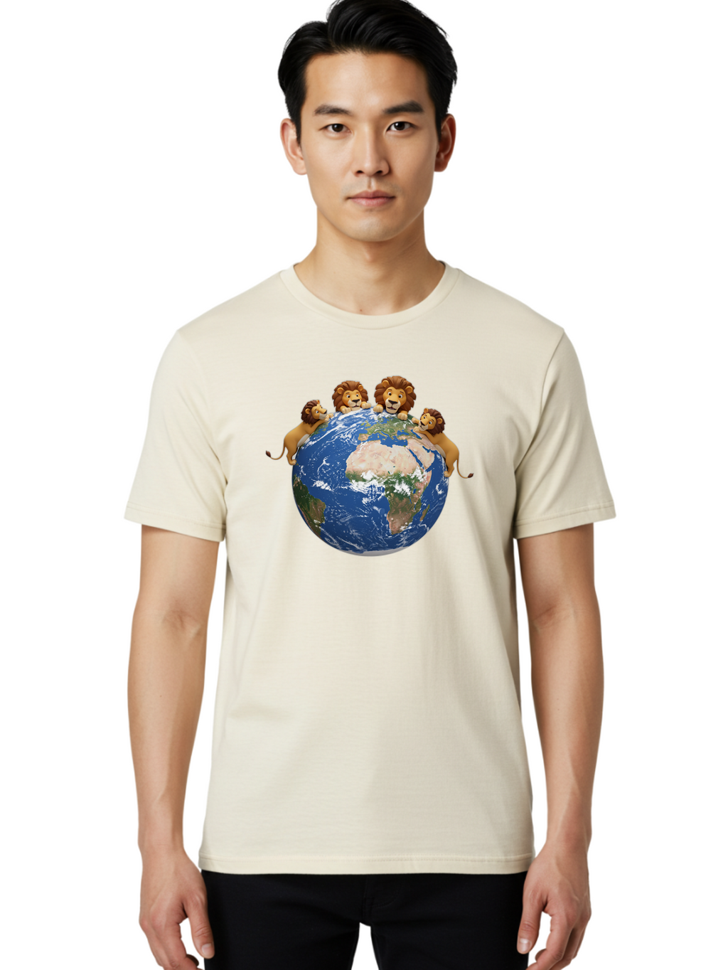 4-Lions-Holding-Globe Men'S Graphic Tee, 100% Cotton, Comfortable Casual Summer Wear, Machine Washable, Lions Holding The World, Global Unity, Conservation Efforts, Wildlife Protection, Earth, Lions Together, Global Awareness Baa056
