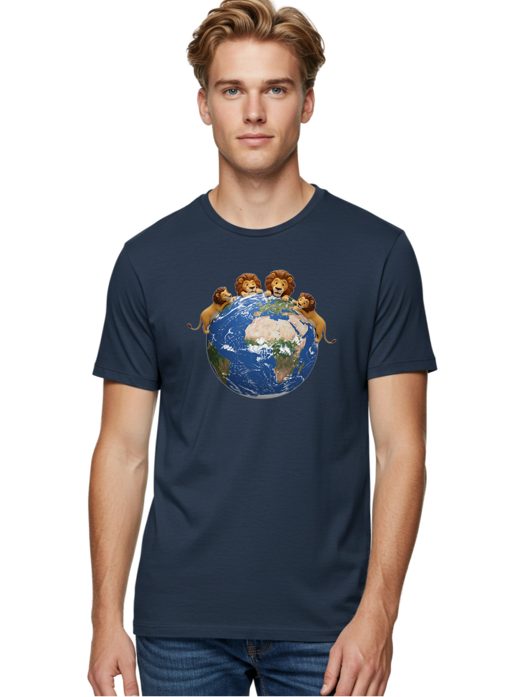 4-Lions-Holding-Globe Men'S Graphic Tee, 100% Cotton, Comfortable Casual Summer Wear, Machine Washable, Lions Holding The World, Global Unity, Conservation Efforts, Wildlife Protection, Earth, Lions Together, Global Awareness Baa056