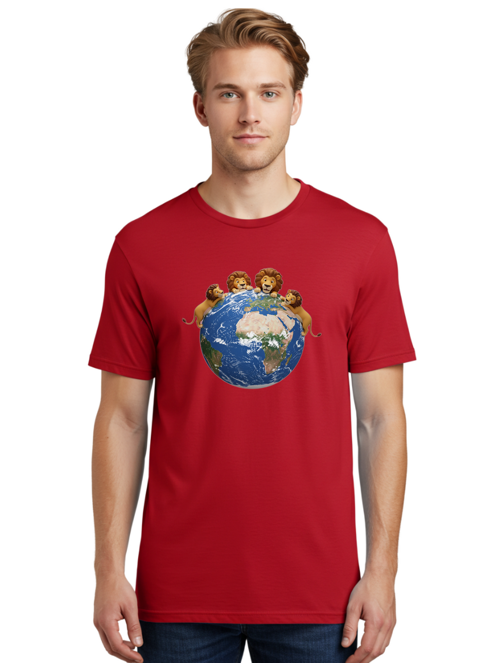 4-Lions-Holding-Globe Men'S Graphic Tee, 100% Cotton, Comfortable Casual Summer Wear, Machine Washable, Lions Holding The World, Global Unity, Conservation Efforts, Wildlife Protection, Earth, Lions Together, Global Awareness Baa056