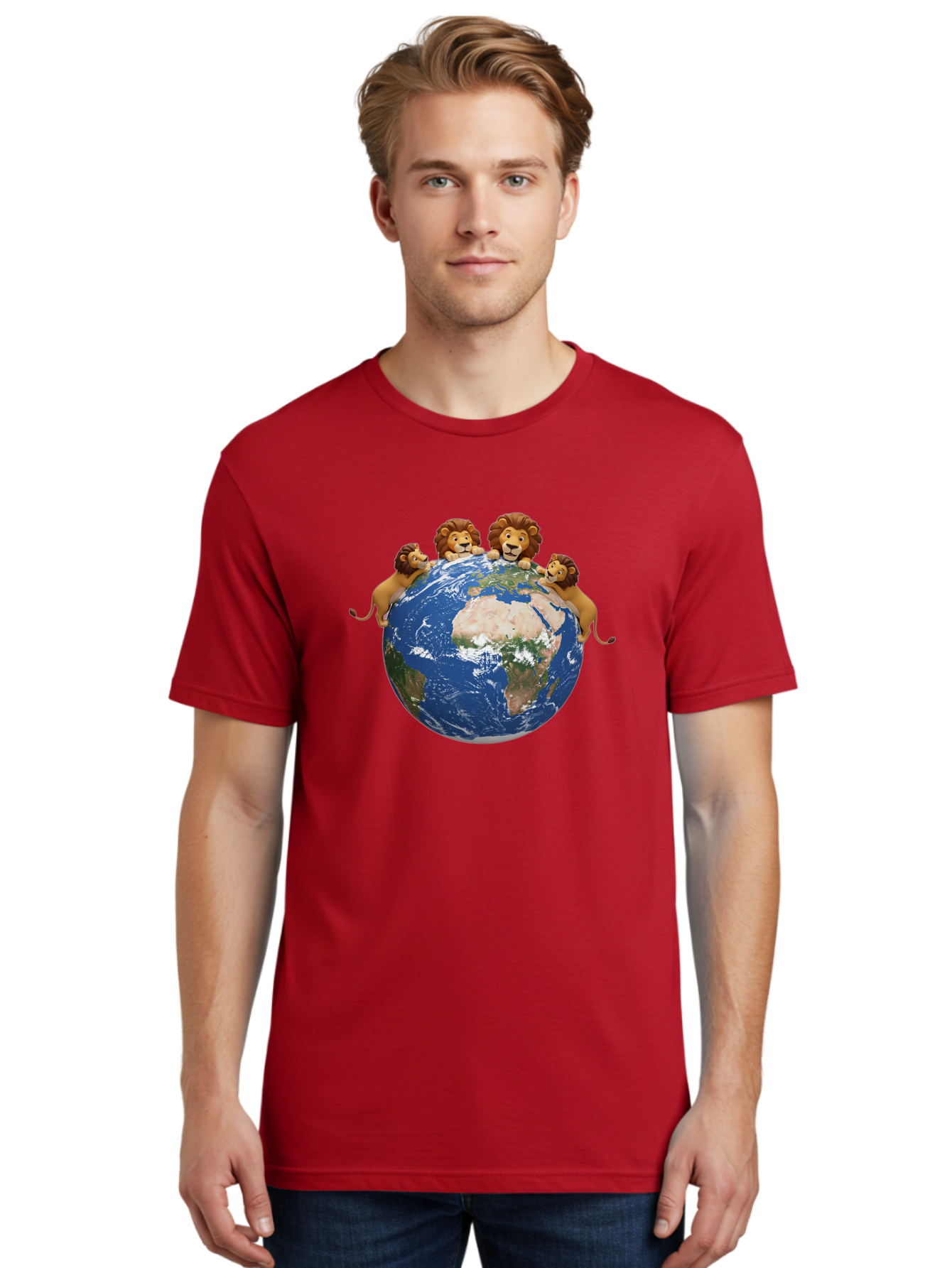 4-Lions-Holding-Globe Men'S Graphic Tee, 100% Cotton, Comfortable Casual Summer Wear, Machine Washable, Lions Holding The World, Global Unity, Conservation Efforts, Wildlife Protection, Earth, Lions Together, Global Awareness Baa056