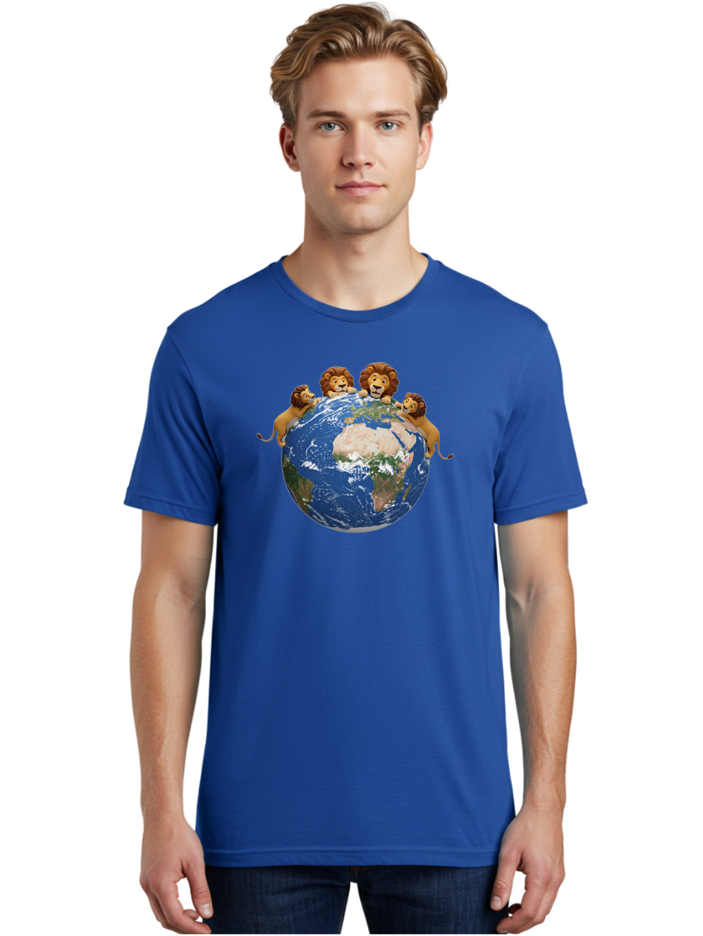 4-Lions-Holding-Globe Men'S Graphic Tee, 100% Cotton, Comfortable Casual Summer Wear, Machine Washable, Lions Holding The World, Global Unity, Conservation Efforts, Wildlife Protection, Earth, Lions Together, Global Awareness Baa056
