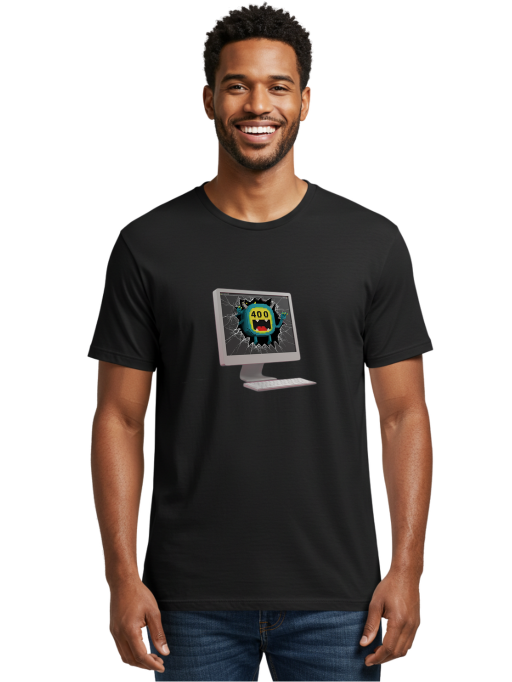 400-Error Men'S Graphic Tee, 100% Cotton, Comfortable Casual Summer Wear, Machine Washable, Error Message, Broken Screen, 400 Bad Request, Cartoon Monster, Cracked Glass, Digital Glitch, Frustrated User, Humorous Illustration, Baa057