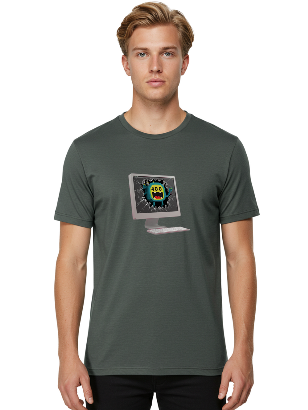 400-Error Men'S Graphic Tee, 100% Cotton, Comfortable Casual Summer Wear, Machine Washable, Error Message, Broken Screen, 400 Bad Request, Cartoon Monster, Cracked Glass, Digital Glitch, Frustrated User, Humorous Illustration, Baa057