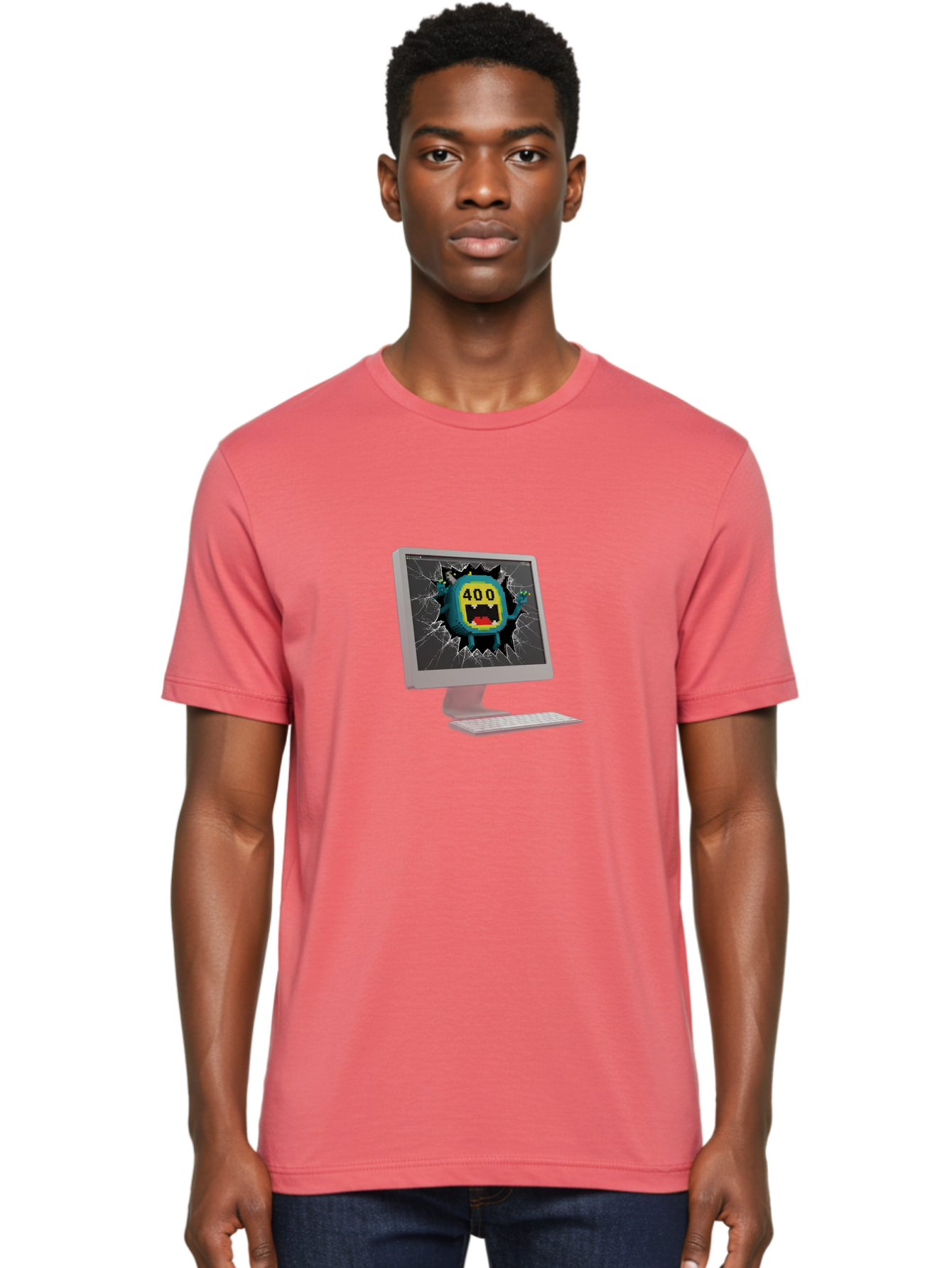 400-Error Men'S Graphic Tee, 100% Cotton, Comfortable Casual Summer Wear, Machine Washable, Error Message, Broken Screen, 400 Bad Request, Cartoon Monster, Cracked Glass, Digital Glitch, Frustrated User, Humorous Illustration, Baa057