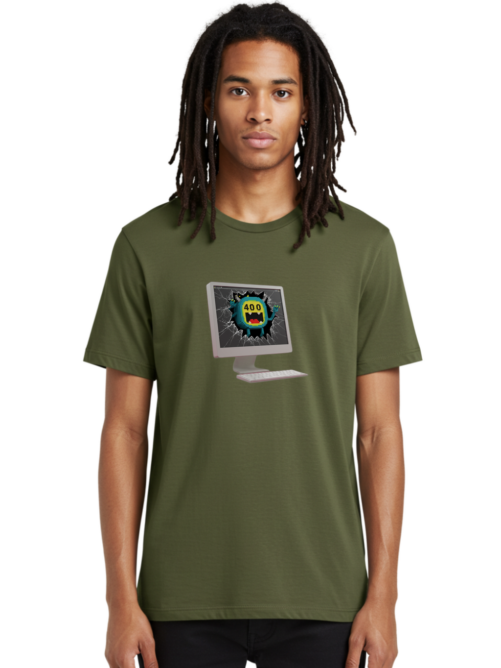 400-Error Men'S Graphic Tee, 100% Cotton, Comfortable Casual Summer Wear, Machine Washable, Error Message, Broken Screen, 400 Bad Request, Cartoon Monster, Cracked Glass, Digital Glitch, Frustrated User, Humorous Illustration, Baa057