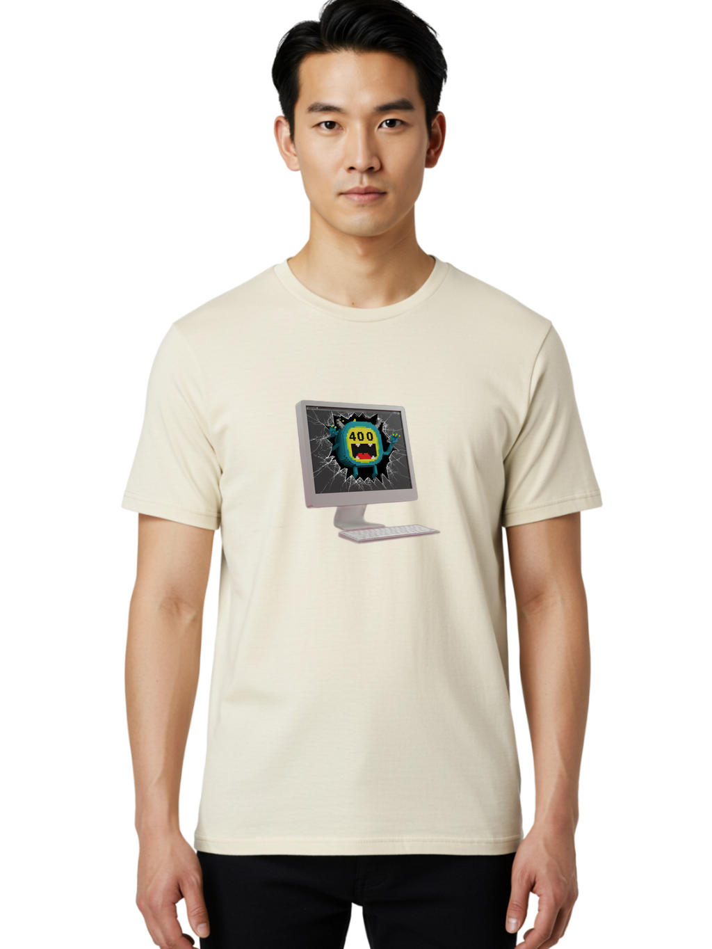 400-Error Men'S Graphic Tee, 100% Cotton, Comfortable Casual Summer Wear, Machine Washable, Error Message, Broken Screen, 400 Bad Request, Cartoon Monster, Cracked Glass, Digital Glitch, Frustrated User, Humorous Illustration, Baa057