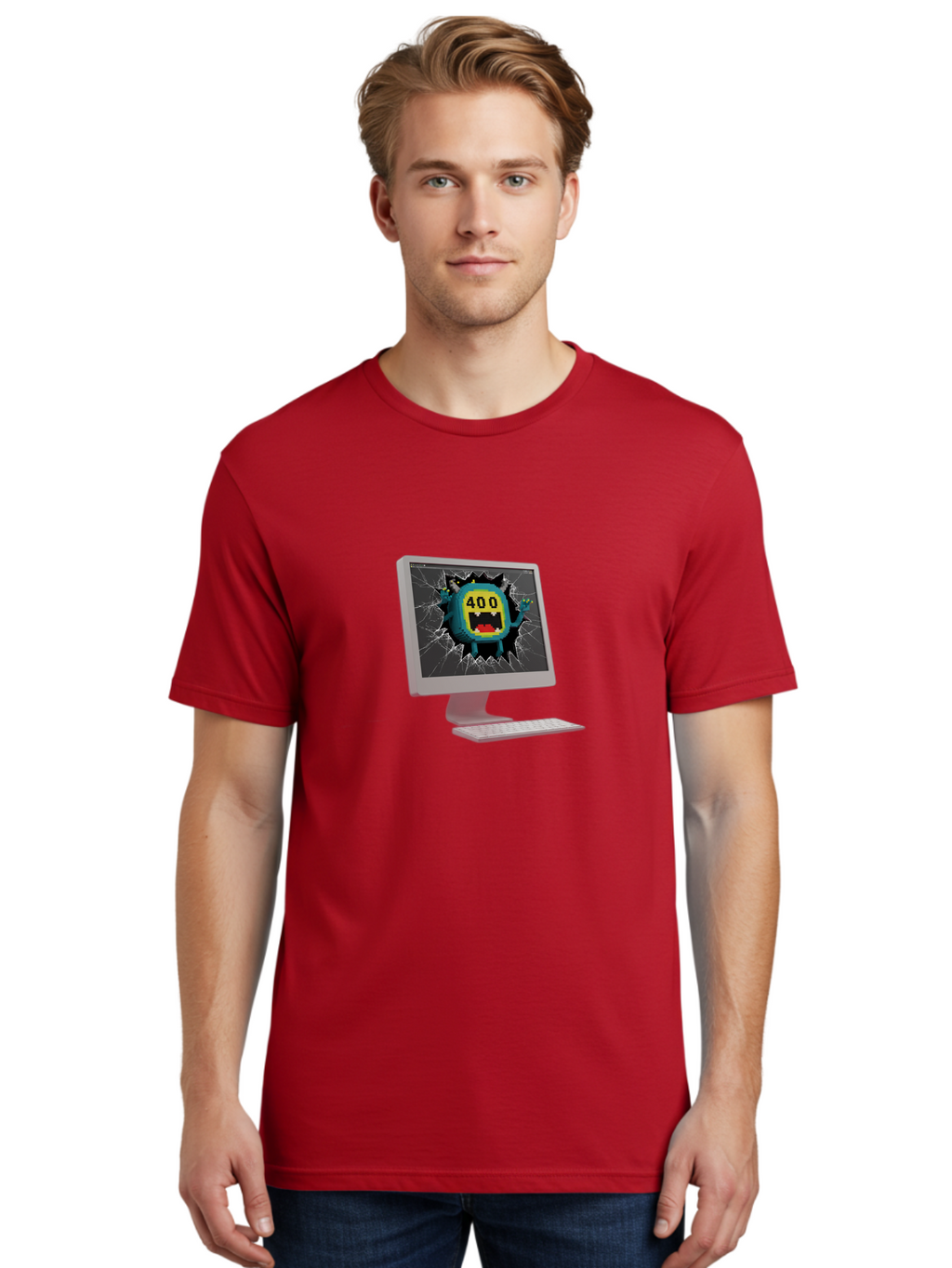 400-Error Men'S Graphic Tee, 100% Cotton, Comfortable Casual Summer Wear, Machine Washable, Error Message, Broken Screen, 400 Bad Request, Cartoon Monster, Cracked Glass, Digital Glitch, Frustrated User, Humorous Illustration, Baa057