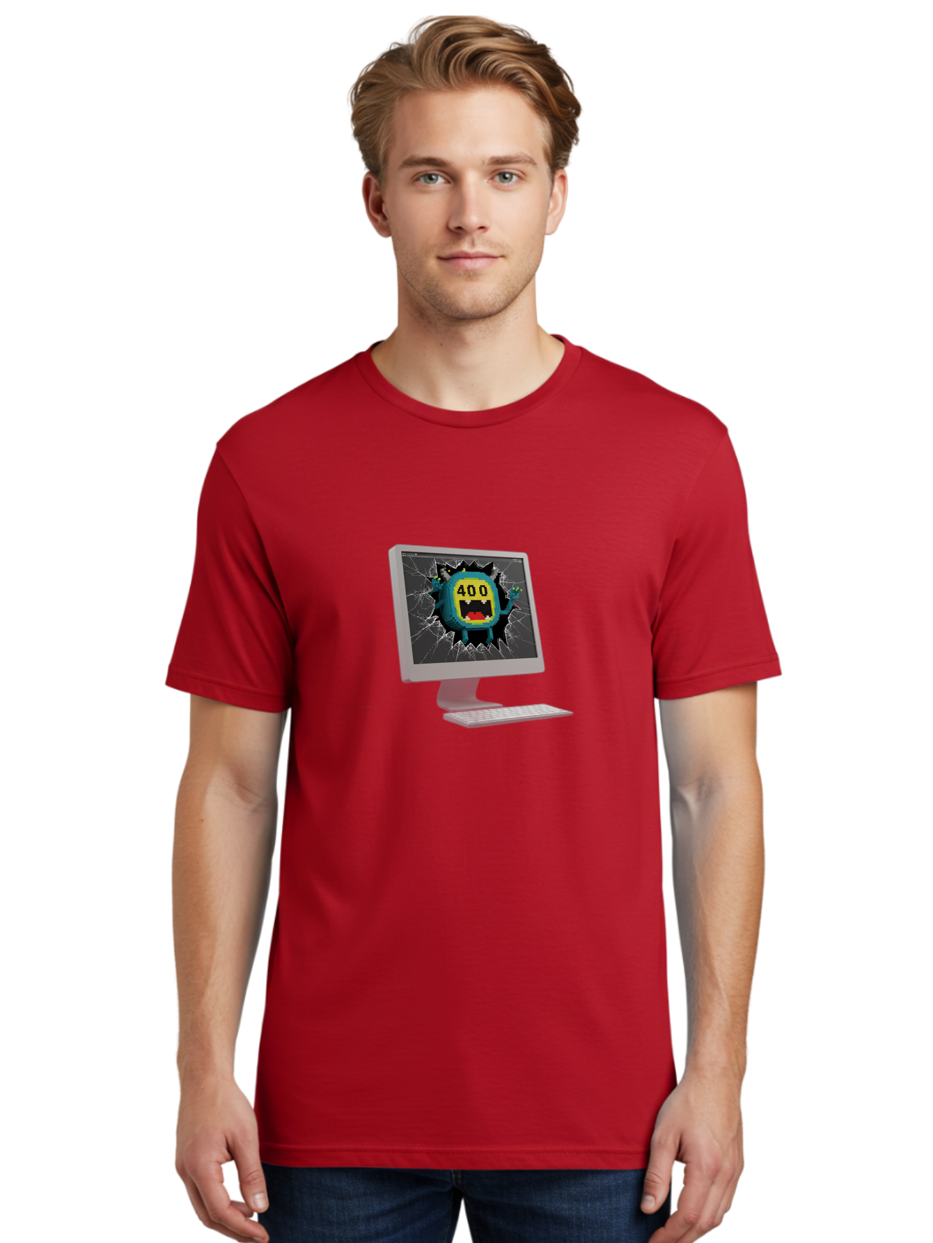 400-Error Men'S Graphic Tee, 100% Cotton, Comfortable Casual Summer Wear, Machine Washable, Error Message, Broken Screen, 400 Bad Request, Cartoon Monster, Cracked Glass, Digital Glitch, Frustrated User, Humorous Illustration, Baa057