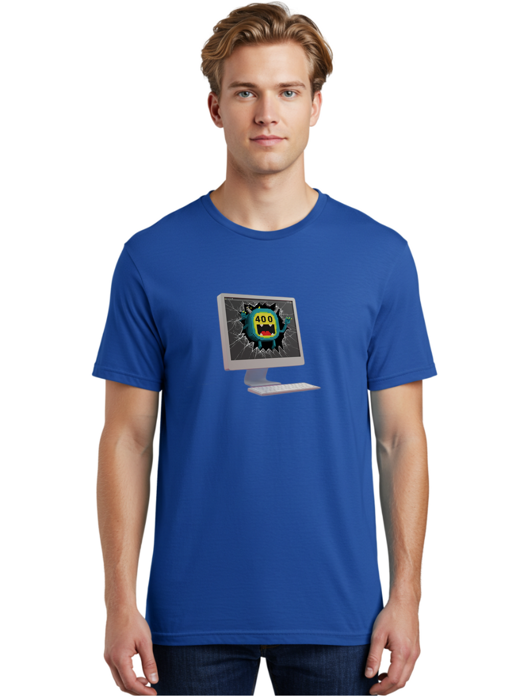 400-Error Men'S Graphic Tee, 100% Cotton, Comfortable Casual Summer Wear, Machine Washable, Error Message, Broken Screen, 400 Bad Request, Cartoon Monster, Cracked Glass, Digital Glitch, Frustrated User, Humorous Illustration, Baa057