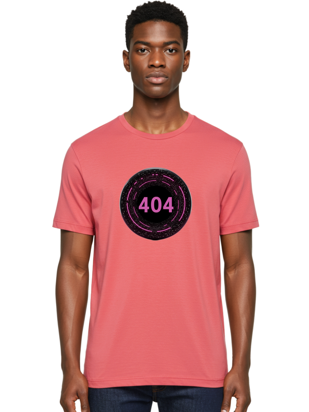 404-3 Men'S Graphic Tee, 100% Cotton, Comfortable Casual Summer Wear, Machine Washable, 404 Error, Page Not Found, Digital Glitch, Pink Neon, Futuristic Design, Cyberpunk Aesthetic, Error Message, Circular Pattern, Binary Code, Website Error Baa060