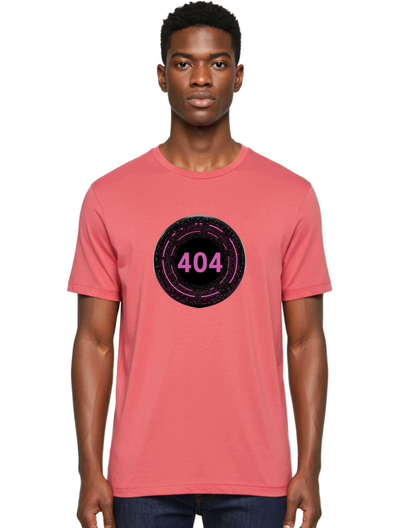 404-3 Men'S Graphic Tee, 100% Cotton, Comfortable Casual Summer Wear, Machine Washable, 404 Error, Page Not Found, Digital Glitch, Pink Neon, Futuristic Design, Cyberpunk Aesthetic, Error Message, Circular Pattern, Binary Code, Website Error Baa060