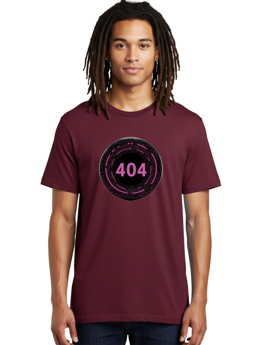 404-3 Men'S Graphic Tee, 100% Cotton, Comfortable Casual Summer Wear, Machine Washable, 404 Error, Page Not Found, Digital Glitch, Pink Neon, Futuristic Design, Cyberpunk Aesthetic, Error Message, Circular Pattern, Binary Code, Website Error Baa060