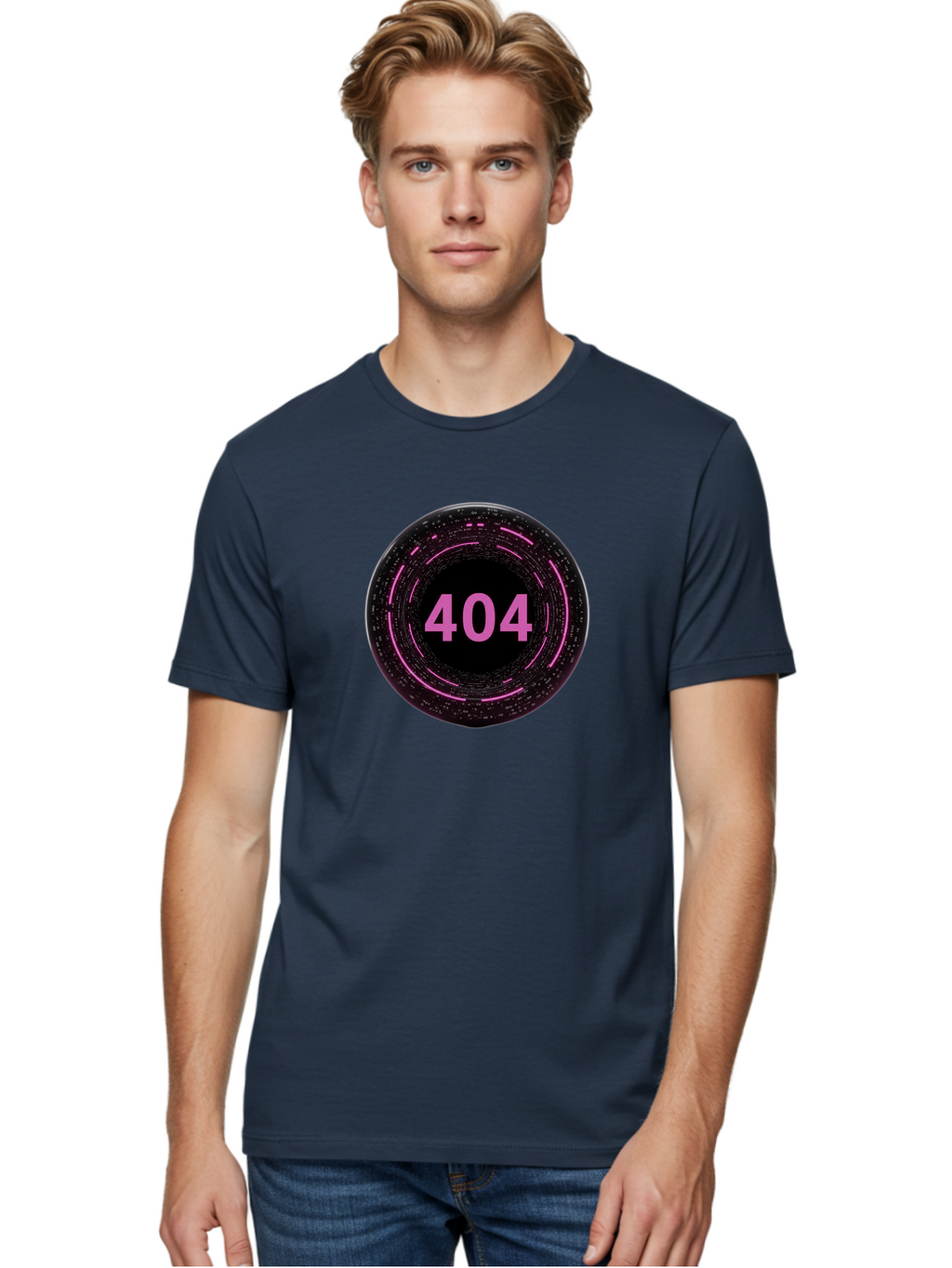 404-3 Men'S Graphic Tee, 100% Cotton, Comfortable Casual Summer Wear, Machine Washable, 404 Error, Page Not Found, Digital Glitch, Pink Neon, Futuristic Design, Cyberpunk Aesthetic, Error Message, Circular Pattern, Binary Code, Website Error Baa060