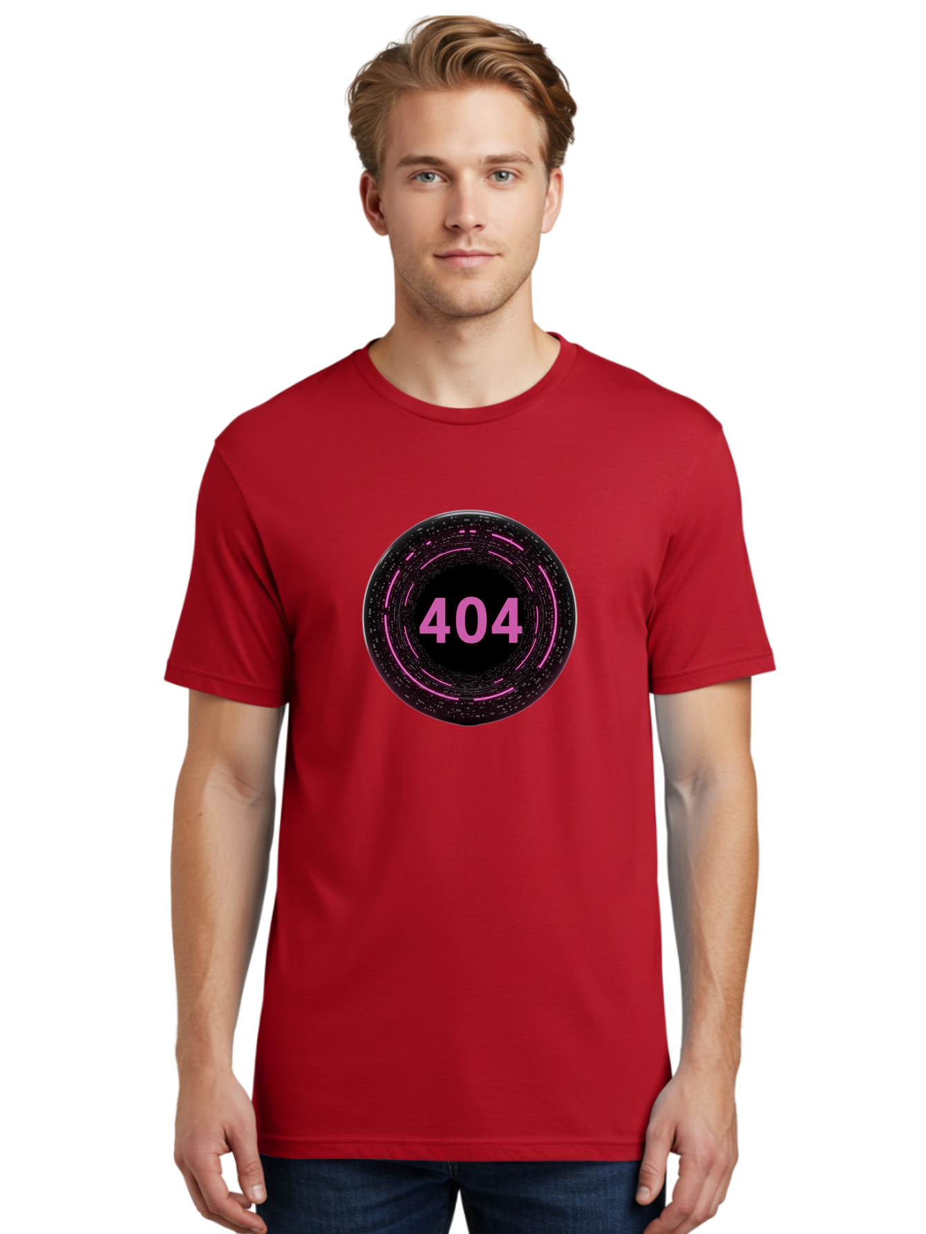 404-3 Men'S Graphic Tee, 100% Cotton, Comfortable Casual Summer Wear, Machine Washable, 404 Error, Page Not Found, Digital Glitch, Pink Neon, Futuristic Design, Cyberpunk Aesthetic, Error Message, Circular Pattern, Binary Code, Website Error Baa060